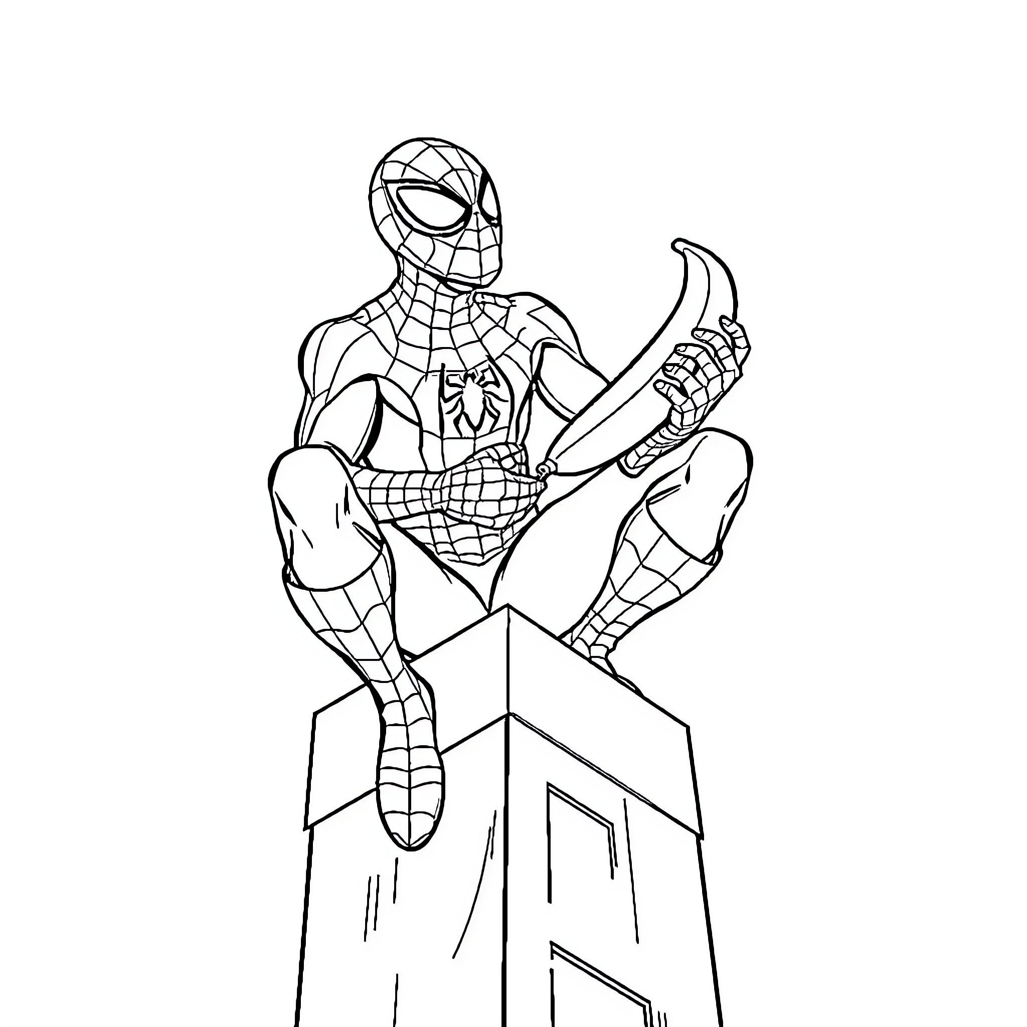 Spiderman swinging high above the city Coloring Page (free black-and-white line drawing printable PDF for all, from beginners to advanced learners, including children, teens, adults, and seniors)