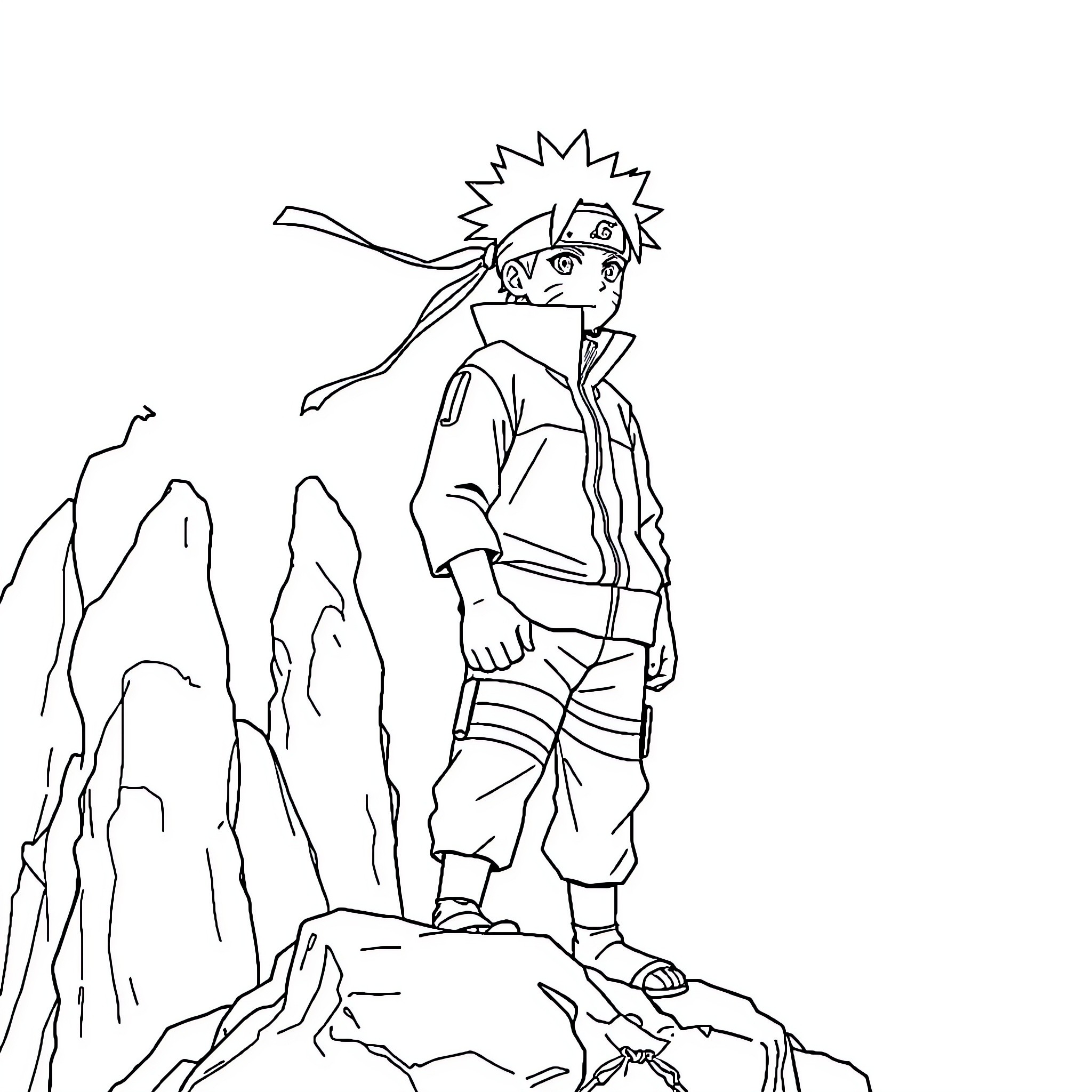 Naruto standing heroically atop a rocky cliff Coloring Page (free black-and-white line drawing printable PDF for all, from beginners to advanced learners, including children, teens, adults, and seniors)
