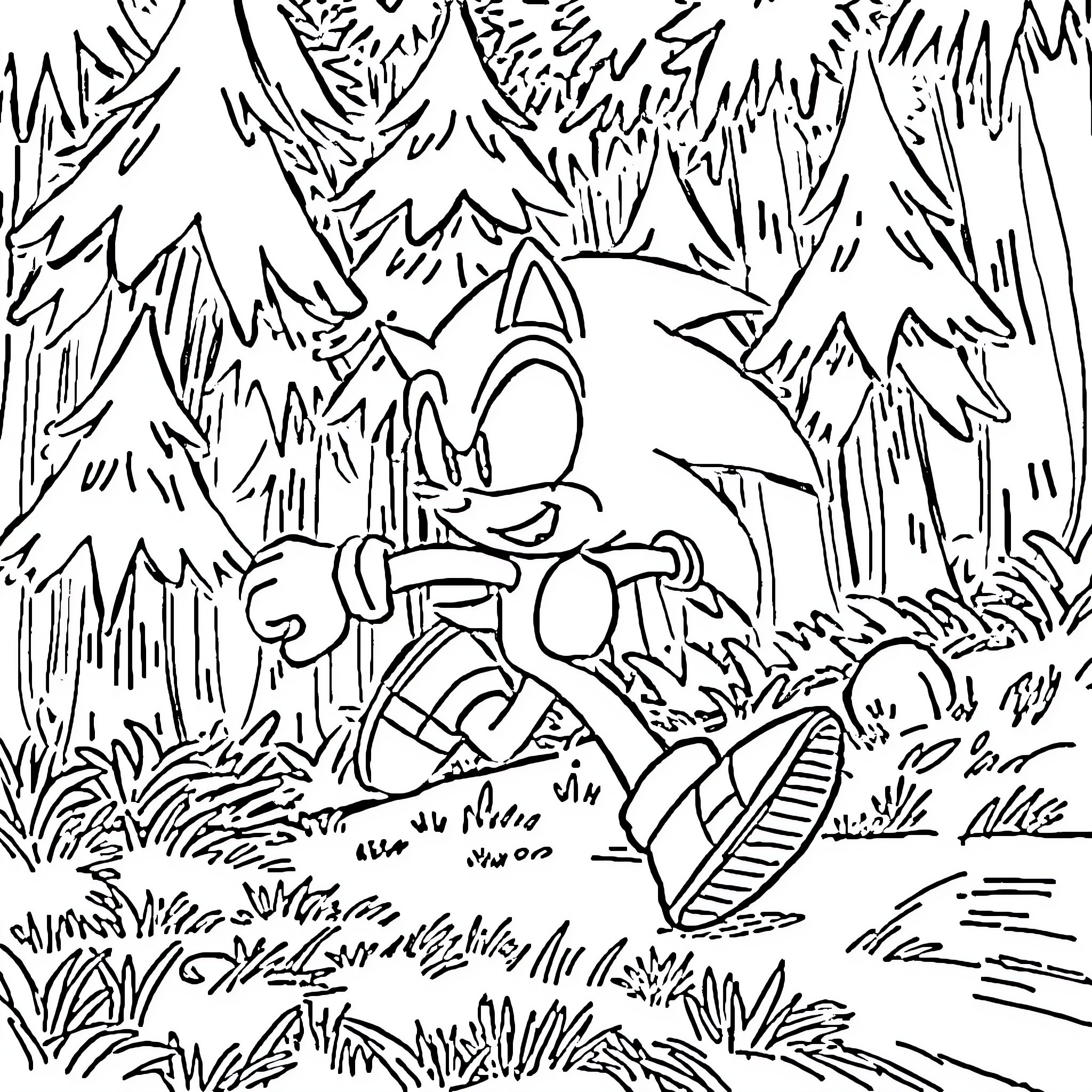Sonic running through the forest Coloring Page (free black-and-white line drawing printable PDF for all, from beginners to advanced learners, including children, teens, adults, and seniors)