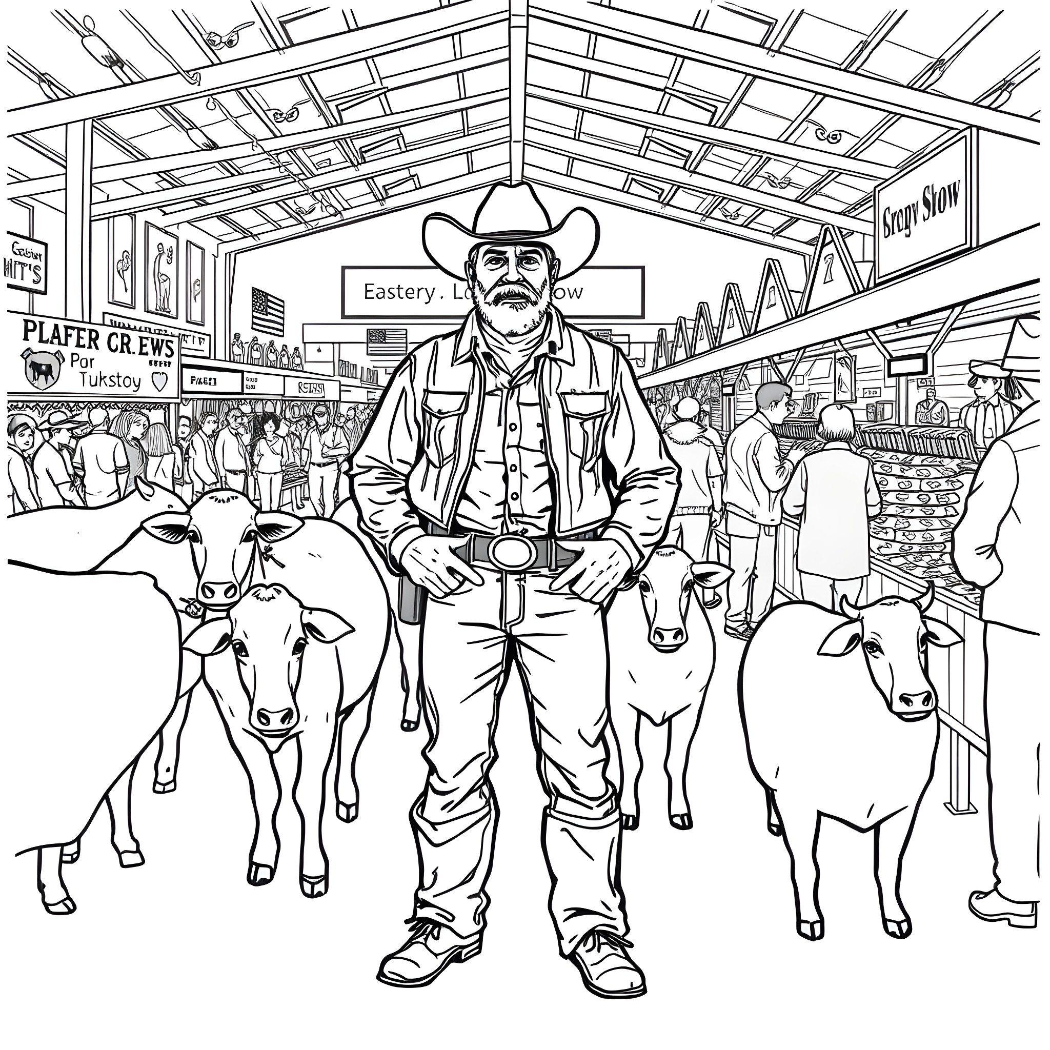 Cowboy herding cattle in a bustling market scene Coloring Page (free black-and-white line drawing printable PDF for all, from beginners to advanced learners, including children, teens, adults, and seniors)