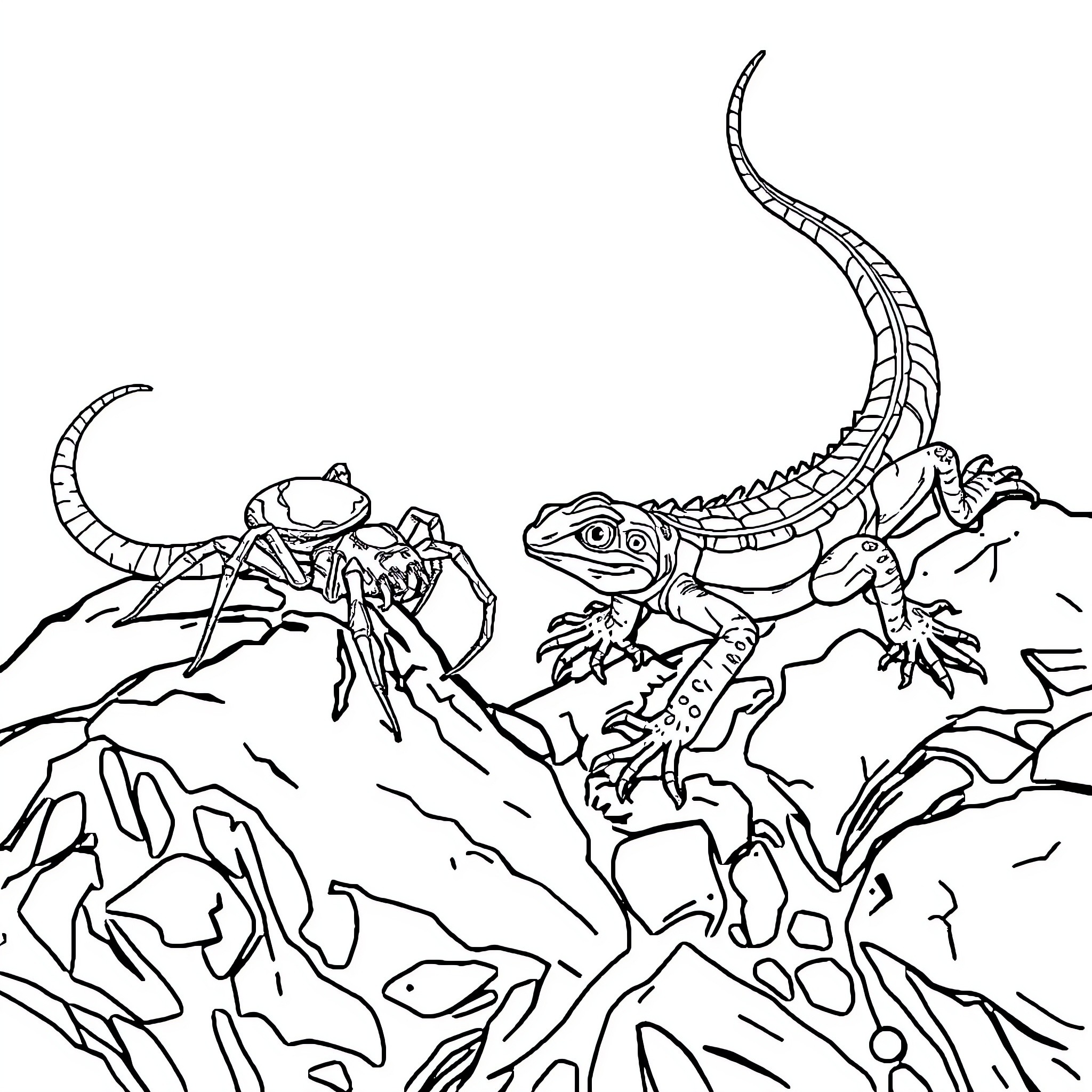 Spider-like creatures exploring a rocky terrain Coloring Page (free black-and-white line drawing printable PDF for all, from beginners to advanced learners, including children, teens, adults, and seniors)