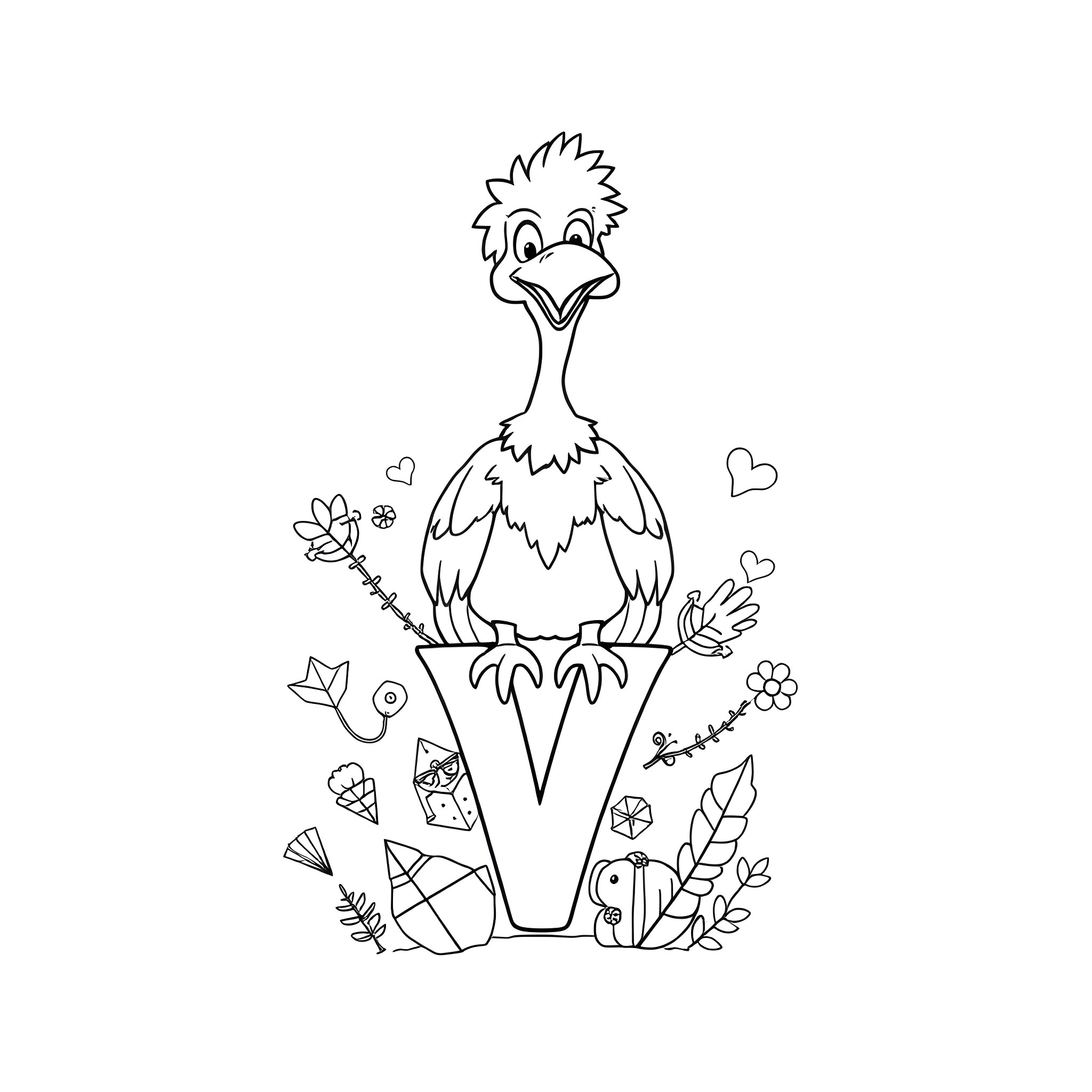 Vulture surrounded by nature elements Coloring Page (free black-and-white line drawing printable PDF for all, from beginners to advanced learners, including children, teens, adults, and seniors)