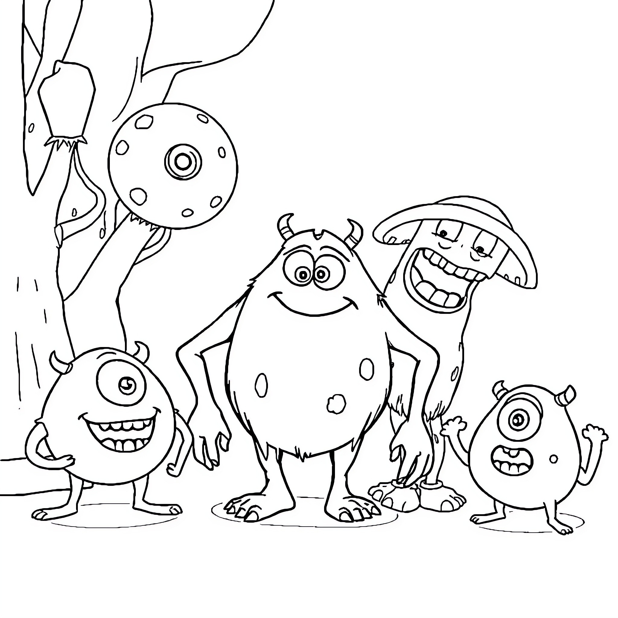 Monster characters in a playful scene Coloring Page (free black-and-white line drawing printable PDF for all, from beginners to advanced learners, including children, teens, adults, and seniors)