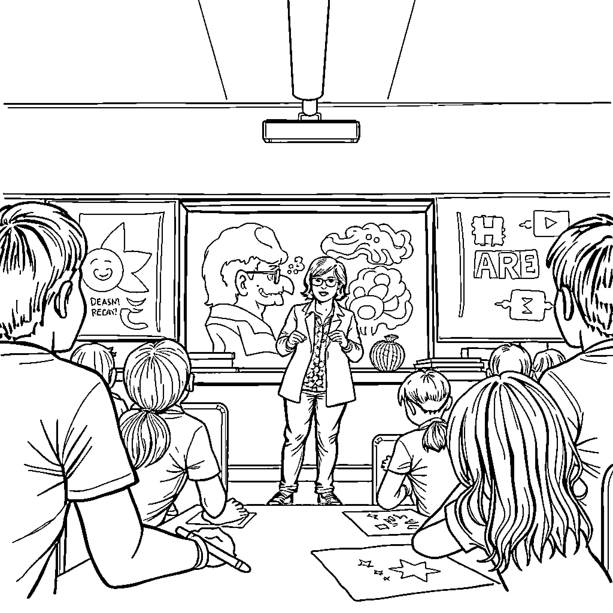 Teacher leading art lesson for students in classroom Coloring Page (free black-and-white line drawing printable PDF for all, from beginners to advanced learners, including children, teens, adults, and seniors)