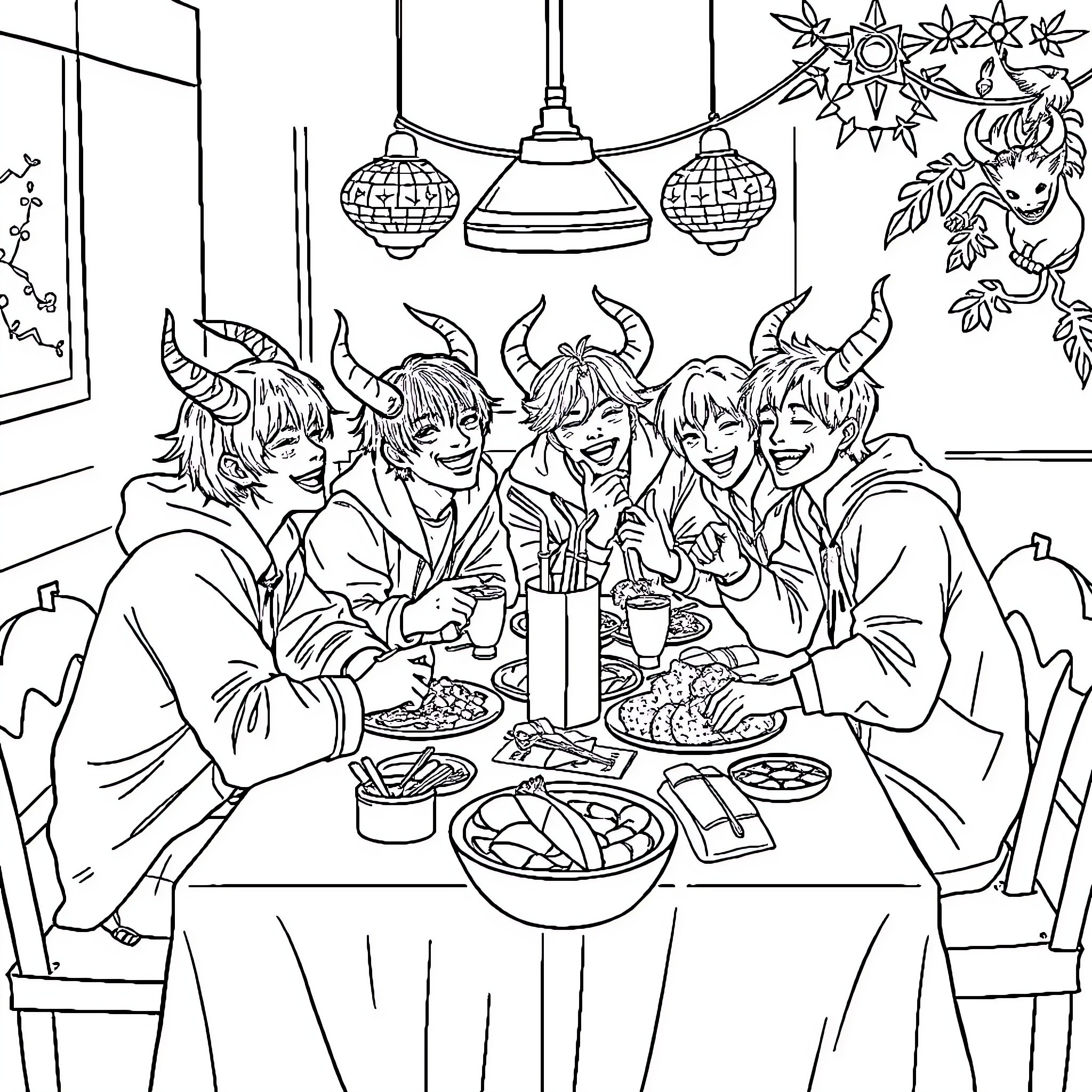Demon Hunters Sharing a Festive Meal Together Coloring Page (free black-and-white line drawing printable PDF for all, from beginners to advanced learners, including children, teens, adults, and seniors)