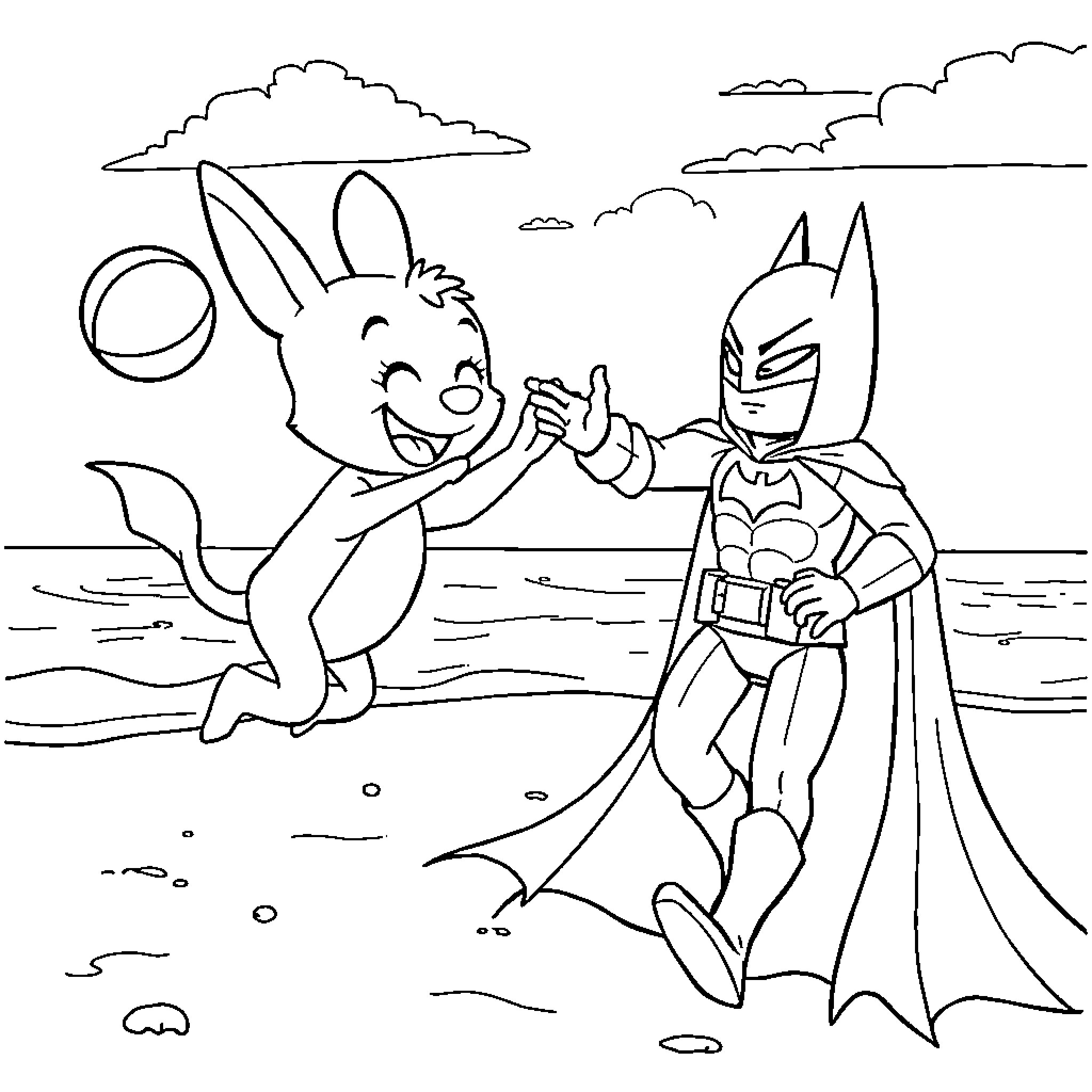 Bluey and Batman play on the beach Coloring Page (free black-and-white line drawing printable PDF for all, from beginners to advanced learners, including children, teens, adults, and seniors)