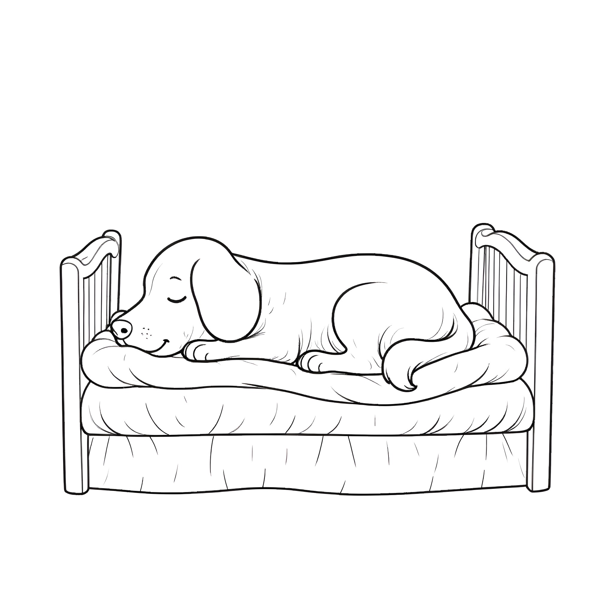 Dog sleeping peacefully on a cozy bed Coloring Page (free black-and-white line drawing printable PDF for all, from beginners to advanced learners, including children, teens, adults, and seniors)
