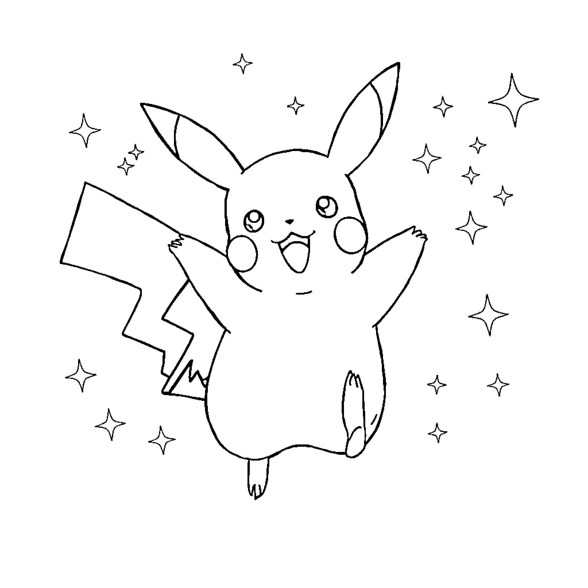 Pikachu playing joyfully amid twinkling stars Coloring Page (free black-and-white line drawing printable PDF for all, from beginners to advanced learners, including children, teens, adults, and seniors)