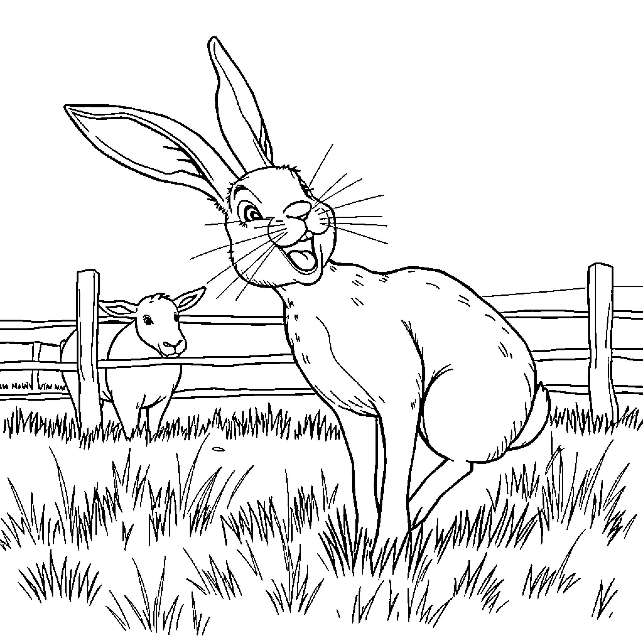 Rabbit joyfully interacting with lamb in a rural setting Coloring Page (free black-and-white line drawing printable PDF for all, from beginners to advanced learners, including children, teens, adults, and seniors)