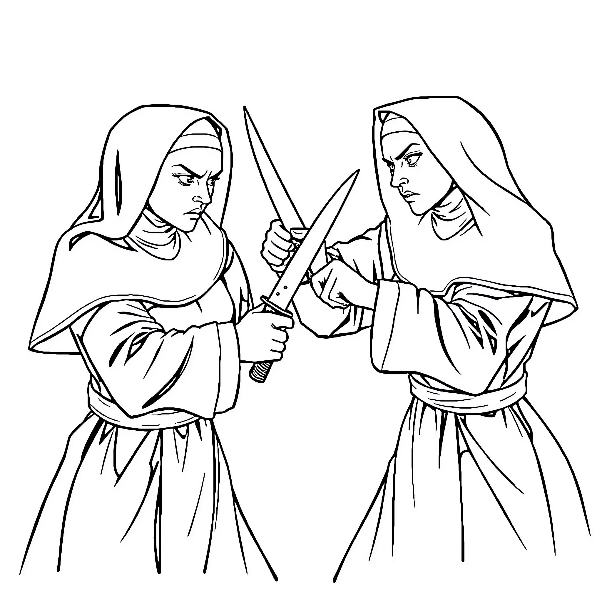 Nuns engaged in a fierce sword battle Coloring Page (free black-and-white line drawing printable PDF for all, from beginners to advanced learners, including children, teens, adults, and seniors)