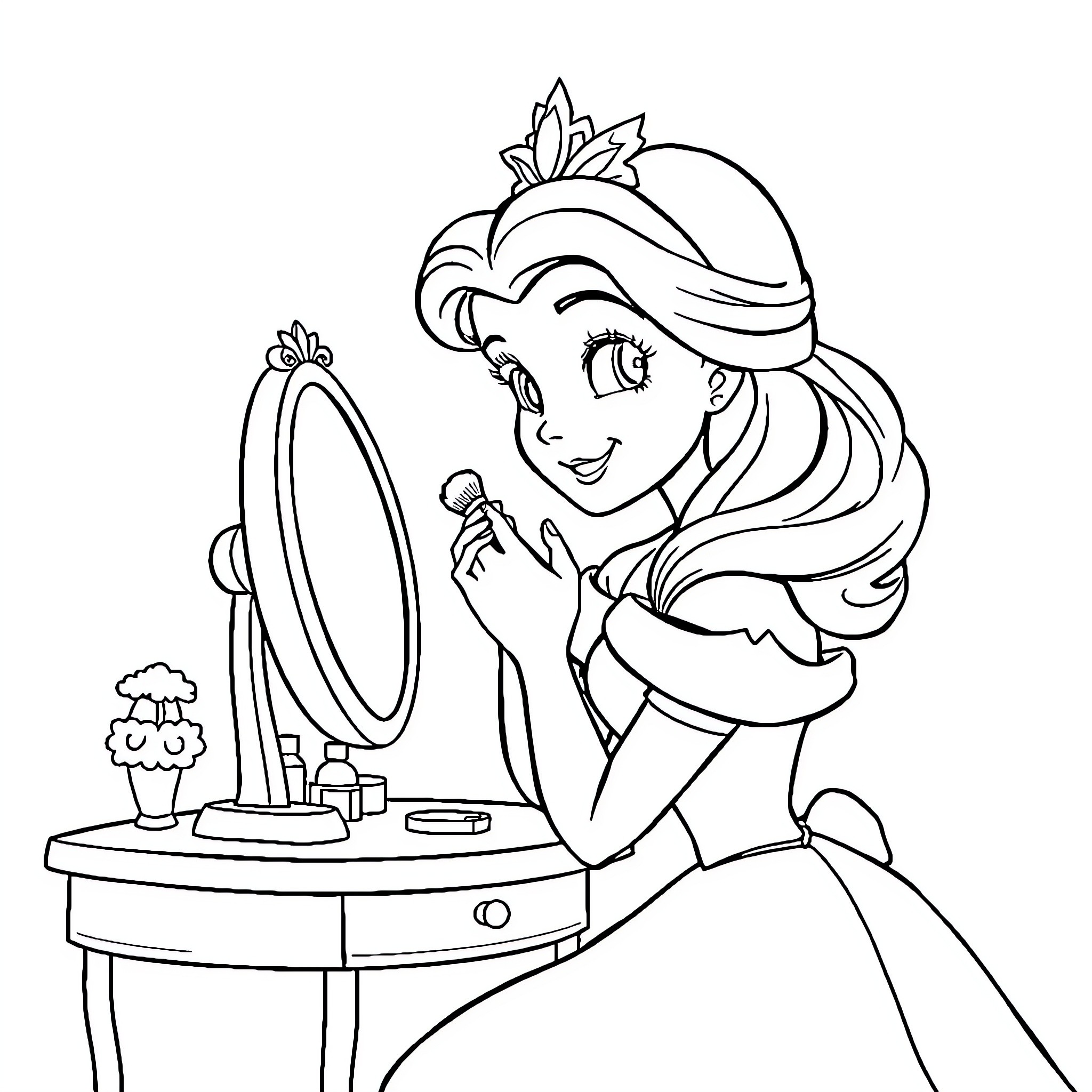 Princess Preparing for a Special Occasion Coloring Page (free black-and-white line drawing printable PDF for all, from beginners to advanced learners, including children, teens, adults, and seniors)