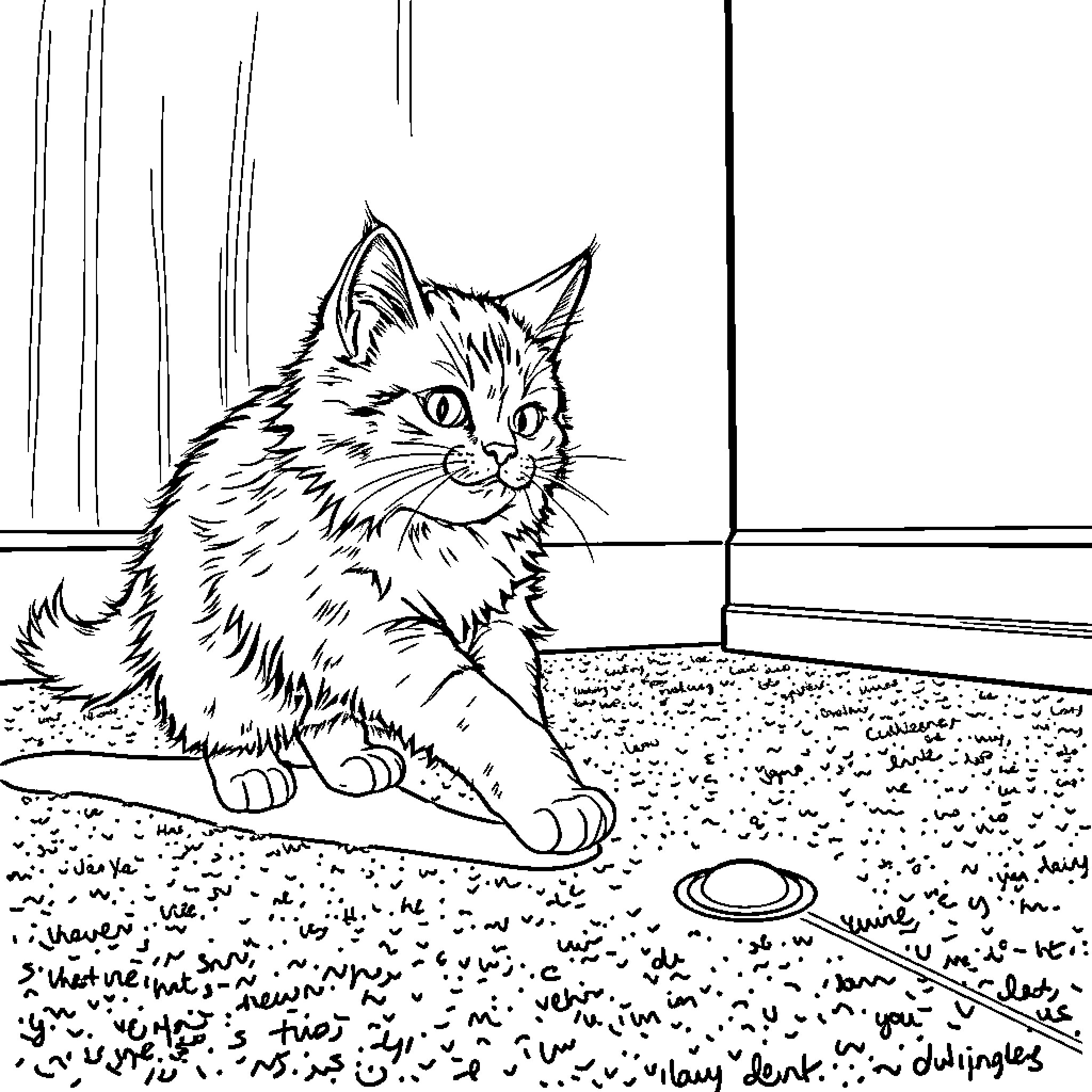 Cat looking inquisitively at something on the floor Coloring Page (free black-and-white line drawing printable PDF for all, from beginners to advanced learners, including children, teens, adults, and seniors)