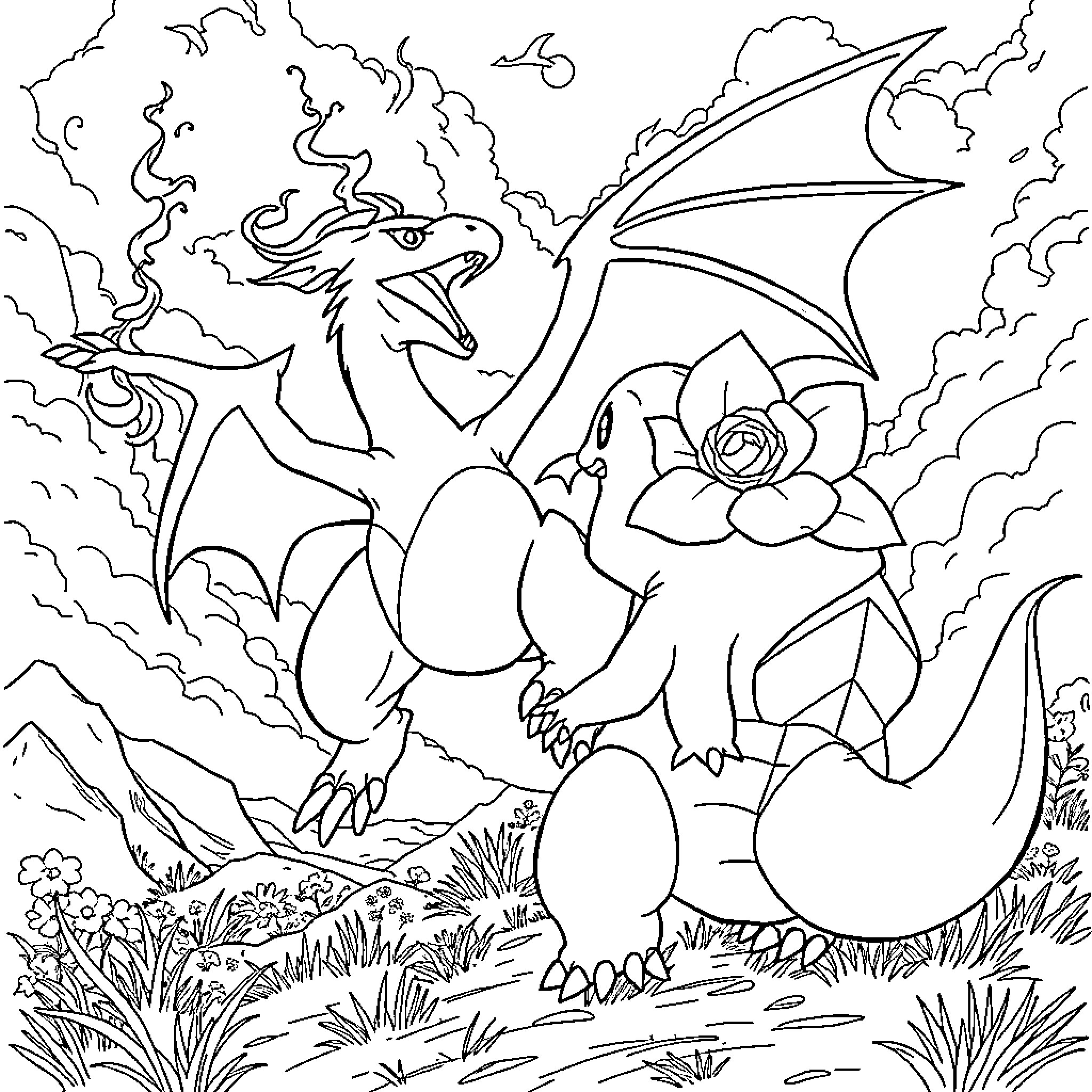 Charizard and the Majestic Flower in the Wild Coloring Page (free black-and-white line drawing printable PDF for all, from beginners to advanced learners, including children, teens, adults, and seniors)