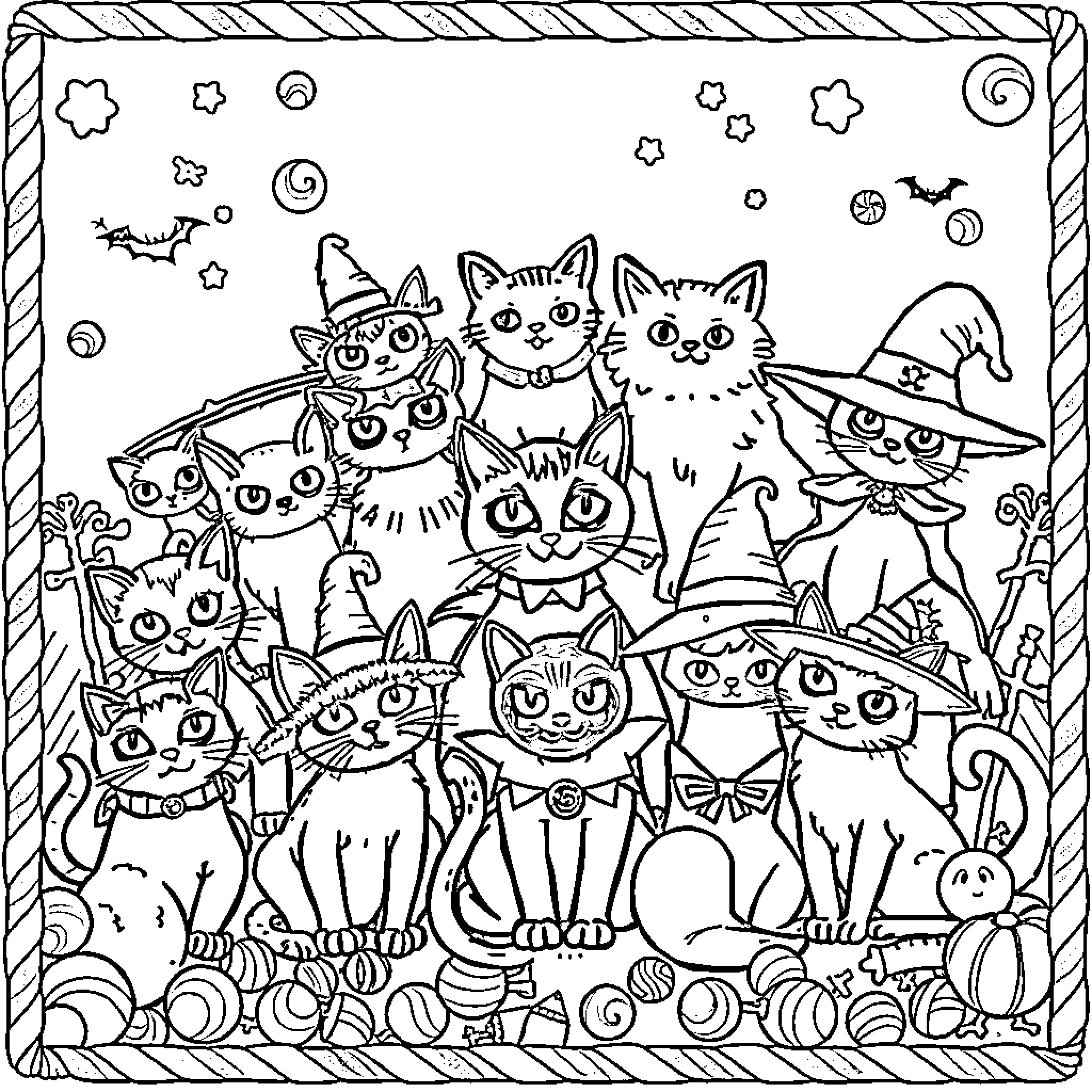 Cats in Halloween Costumes and Accessories Coloring Page (free black-and-white line drawing printable PDF for all, from beginners to advanced learners, including children, teens, adults, and seniors)