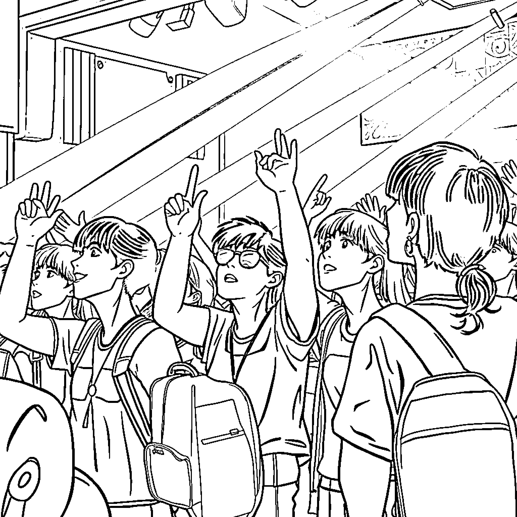 Kpop Hunter: Fans Excitedly Attend K-pop Concert Coloring Page (free black-and-white line drawing printable PDF for all, from beginners to advanced learners, including children, teens, adults, and seniors)