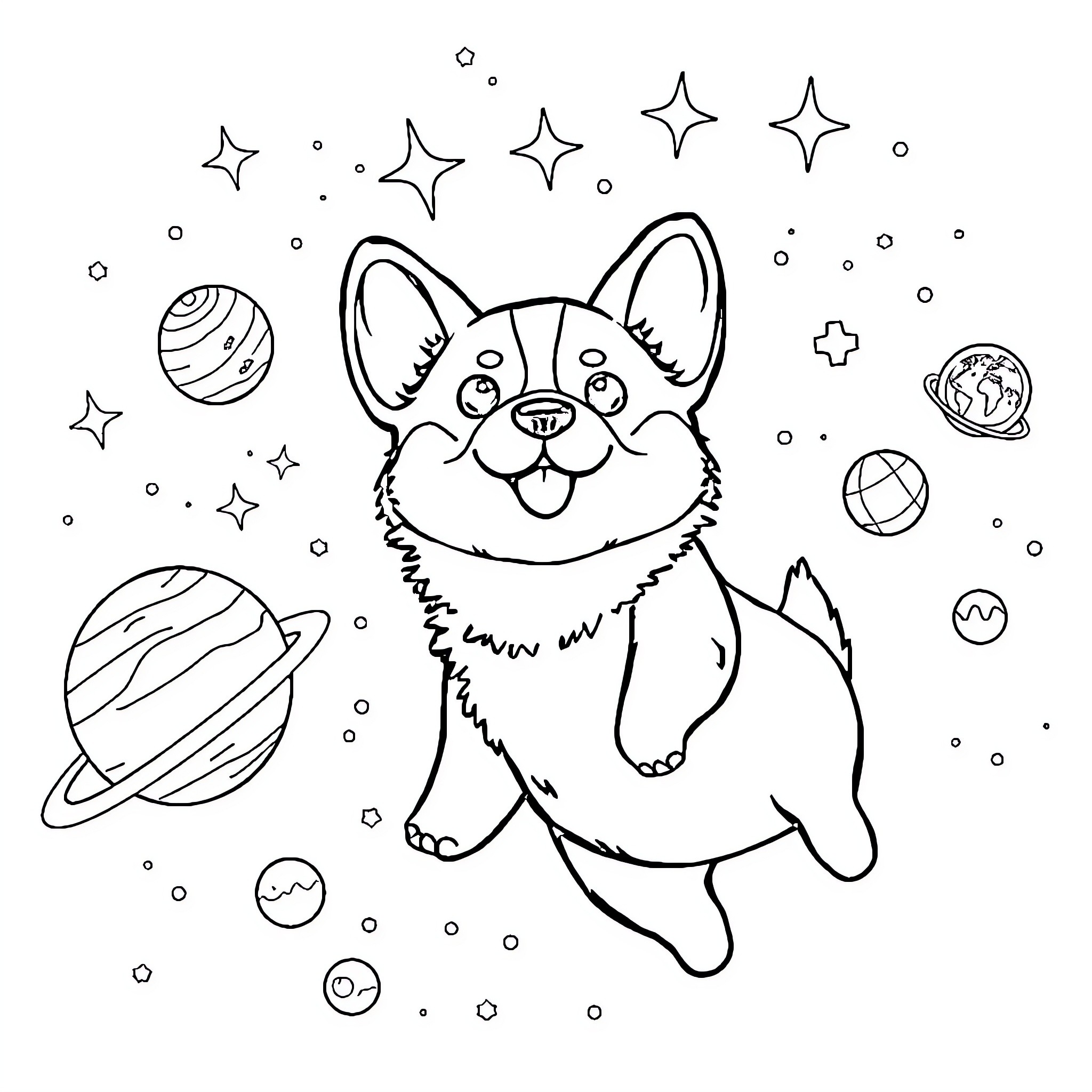 Corgi exploring the cosmic wonders Coloring Page (free black-and-white line drawing printable PDF for all, from beginners to advanced learners, including children, teens, adults, and seniors)