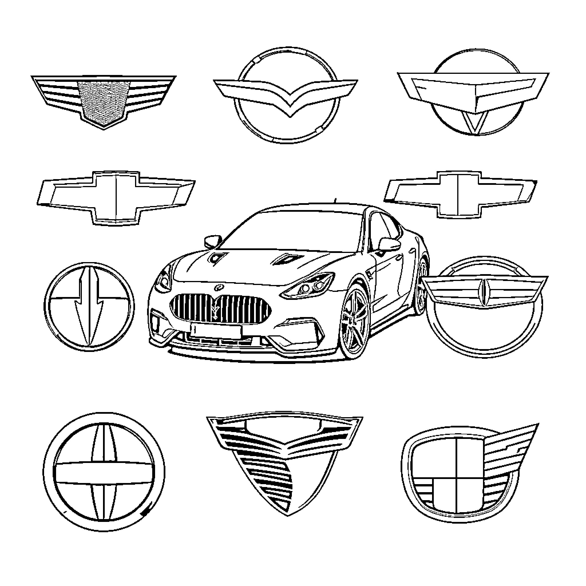 Car Logo Designs and Stylized Vehicle Illustration Coloring Page (free black-and-white line drawing printable PDF for all, from beginners to advanced learners, including children, teens, adults, and seniors)
