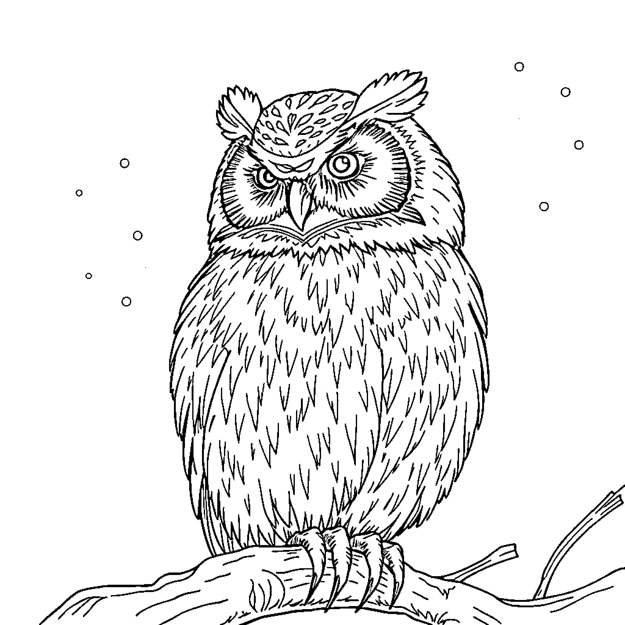 Owl gazing intently on a tree branch Coloring Page (free black-and-white line drawing printable PDF for all, from beginners to advanced learners, including children, teens, adults, and seniors)