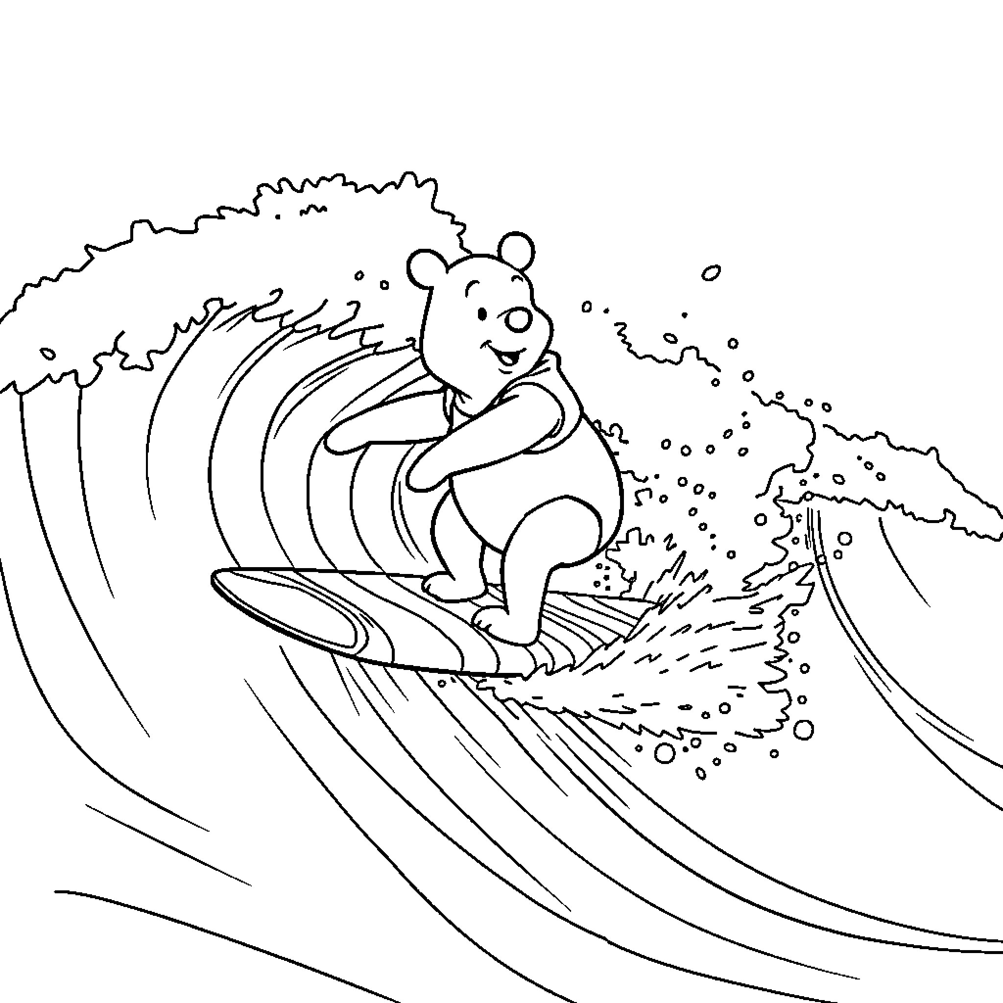 Winnie The Pooh surfing on a big wave Coloring Page (free black-and-white line drawing printable PDF for all, from beginners to advanced learners, including children, teens, adults, and seniors)