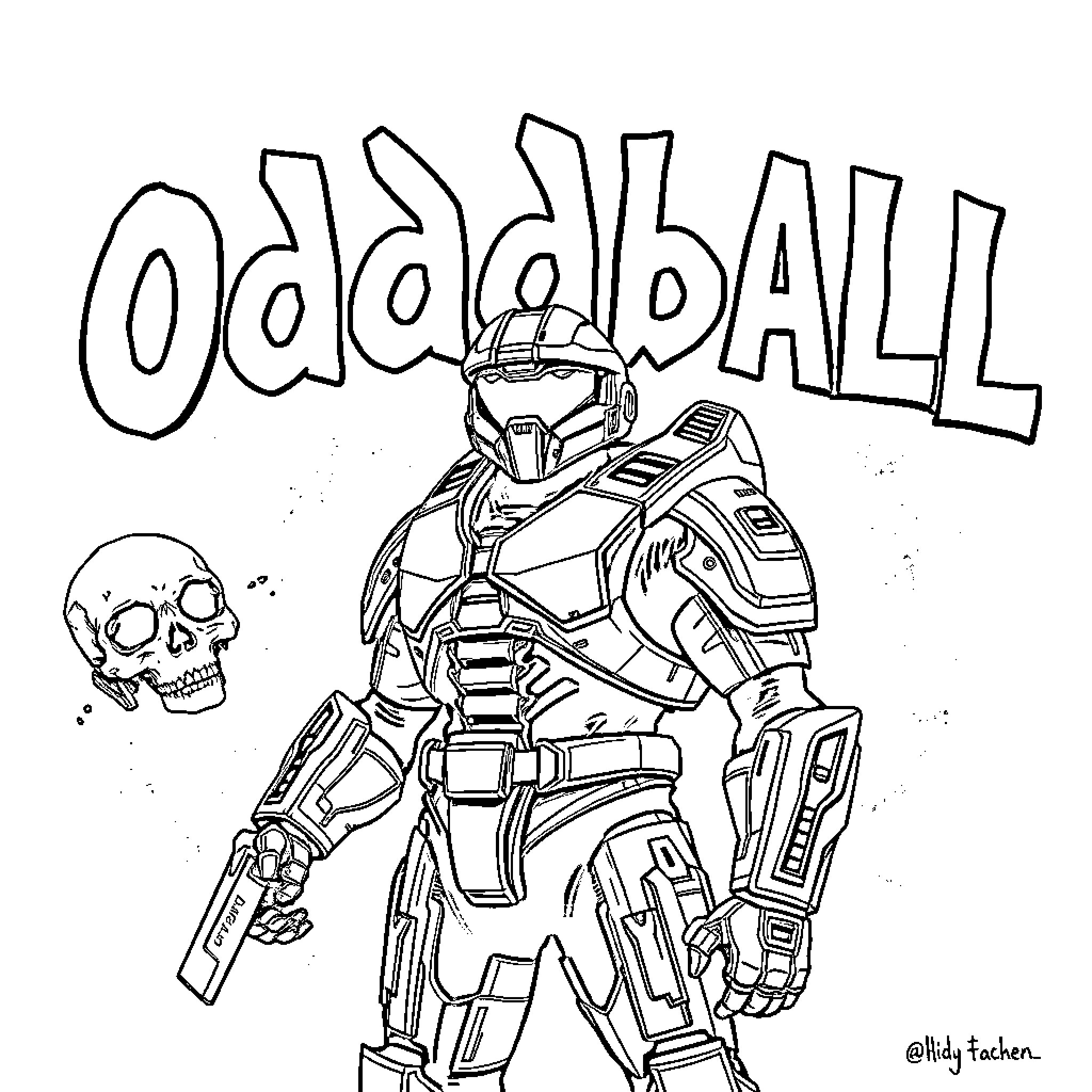 Master Chief in Action with Skull Coloring Page (free black-and-white line drawing printable PDF for all, from beginners to advanced learners, including children, teens, adults, and seniors)