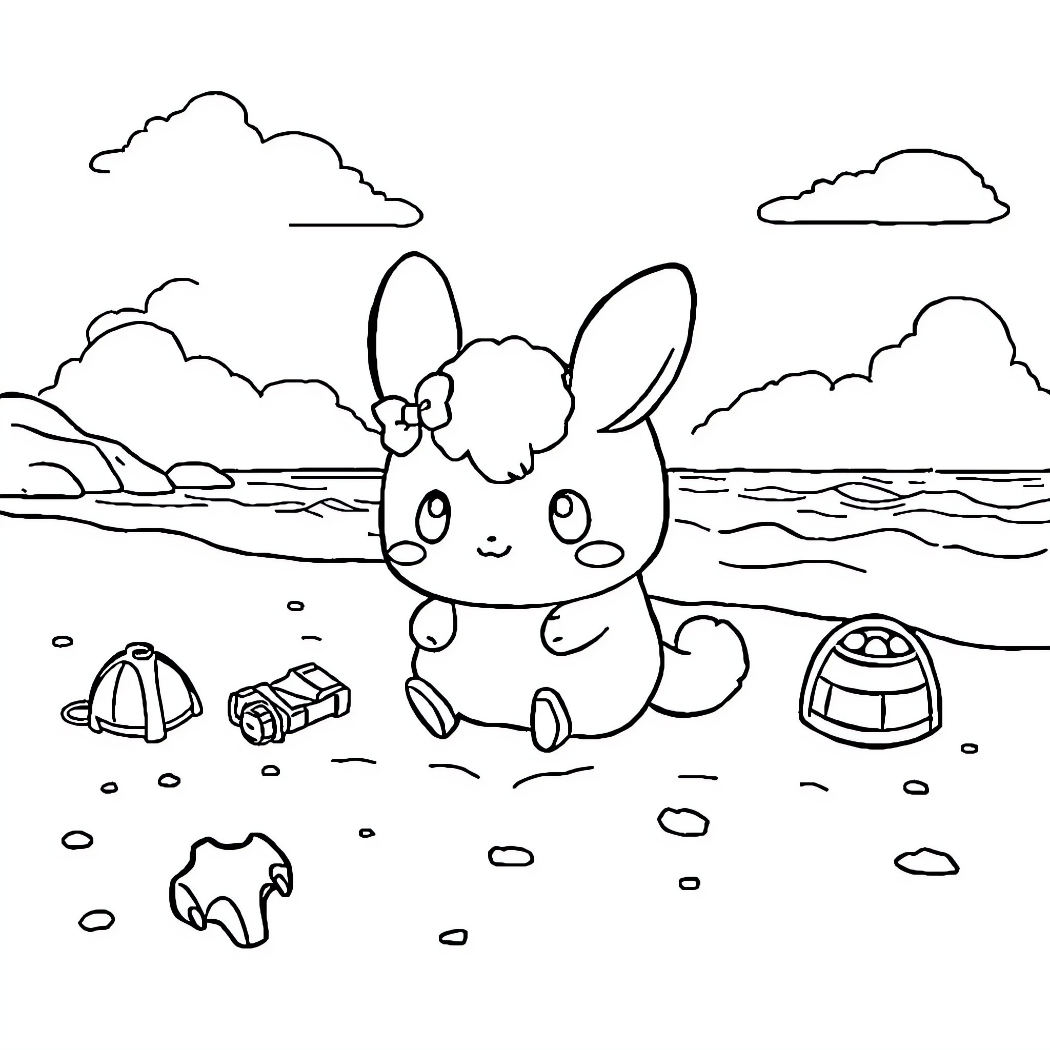 Cinnamoroll playing on the beach with toys Coloring Page (free black-and-white line drawing printable PDF for all, from beginners to advanced learners, including children, teens, adults, and seniors)