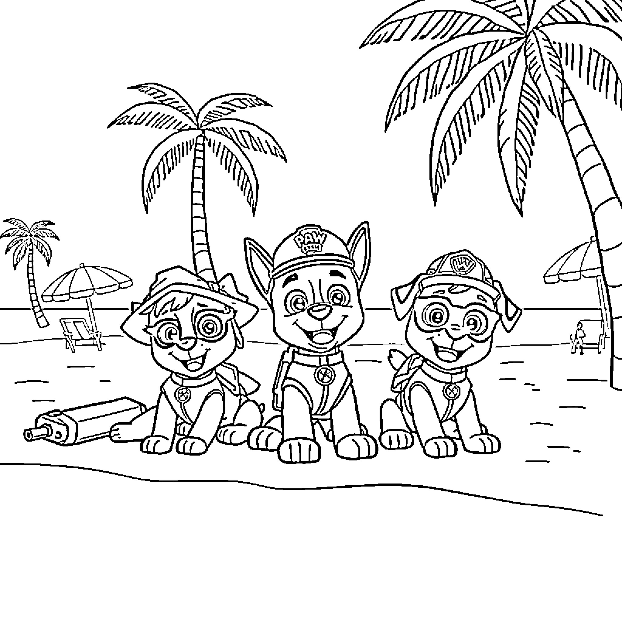 Paw Patrol puppies on a tropical beach adventure Coloring Page (free black-and-white line drawing printable PDF for all, from beginners to advanced learners, including children, teens, adults, and seniors)