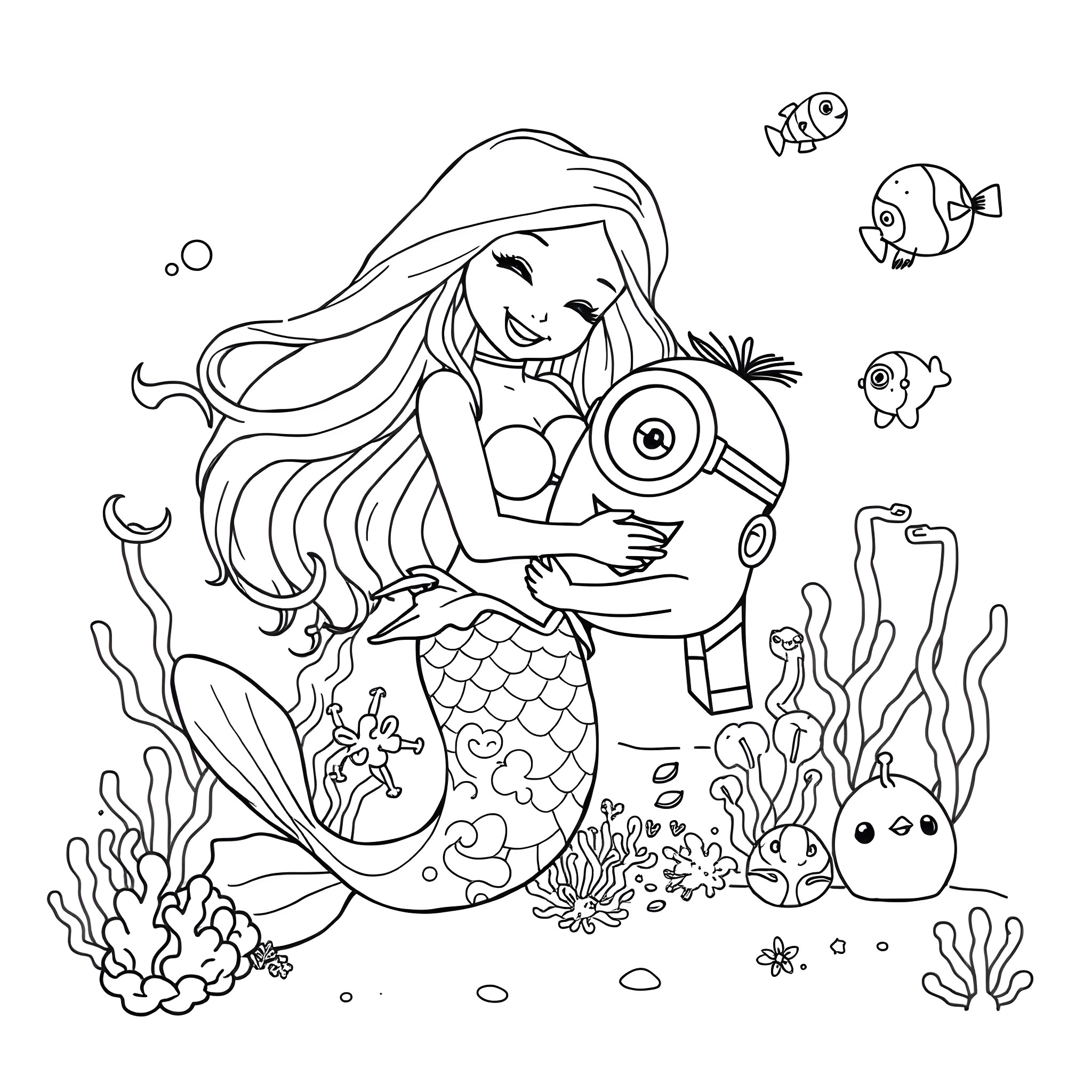 Mermaid swimming with playful sea creatures Coloring Page (free black-and-white line drawing printable PDF for all, from beginners to advanced learners, including children, teens, adults, and seniors)