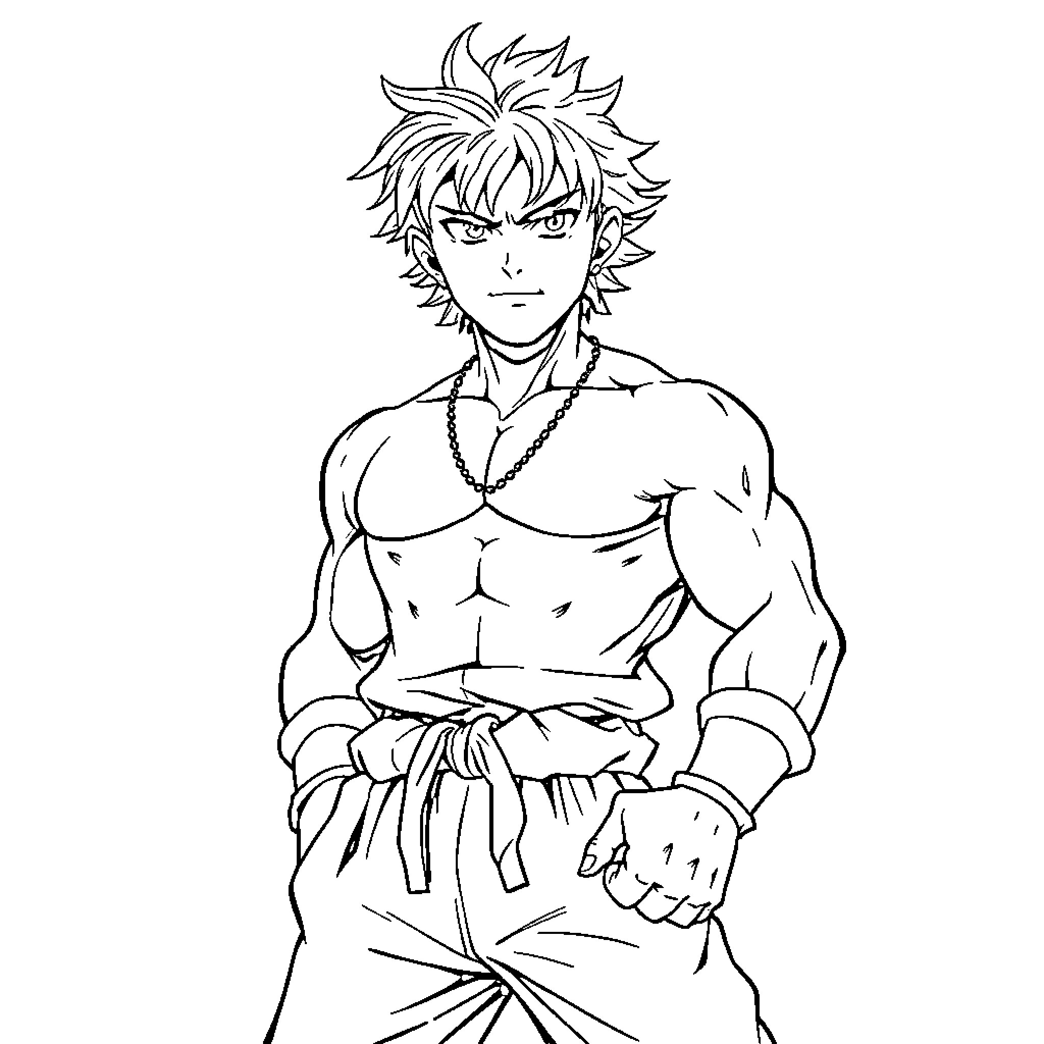 Baki Hanma in action pose with muscular physique Coloring Page (free black-and-white line drawing printable PDF for all, from beginners to advanced learners, including children, teens, adults, and seniors)