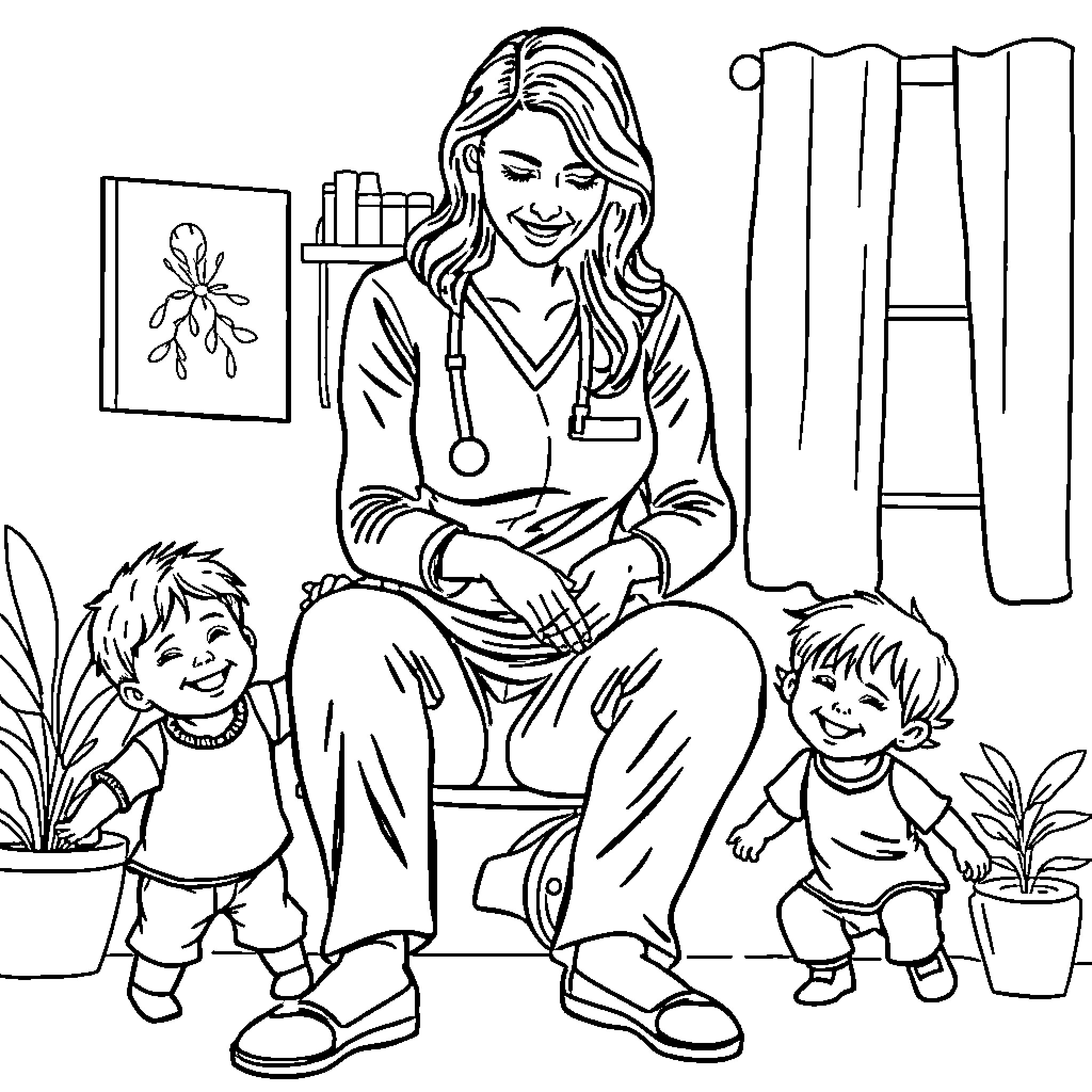 Mother caring for young children in a warm setting Coloring Page (free black-and-white line drawing printable PDF for all, from beginners to advanced learners, including children, teens, adults, and seniors)