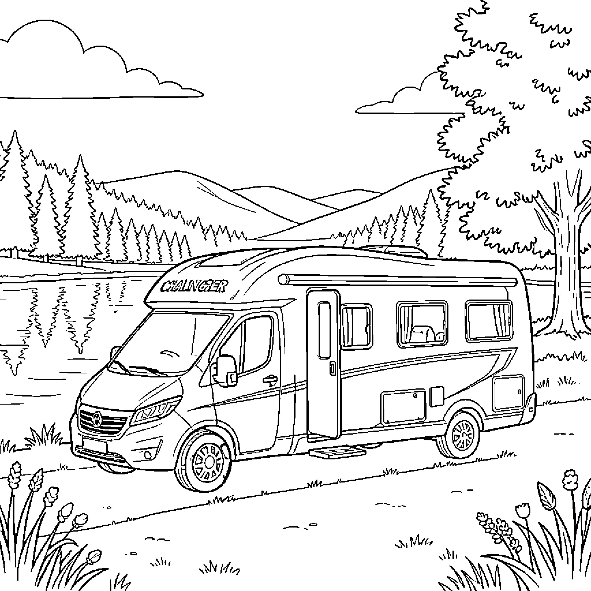Camping Car parked in a beautiful scenic landscape Coloring Page (free black-and-white line drawing printable PDF for all, from beginners to advanced learners, including children, teens, adults, and seniors)