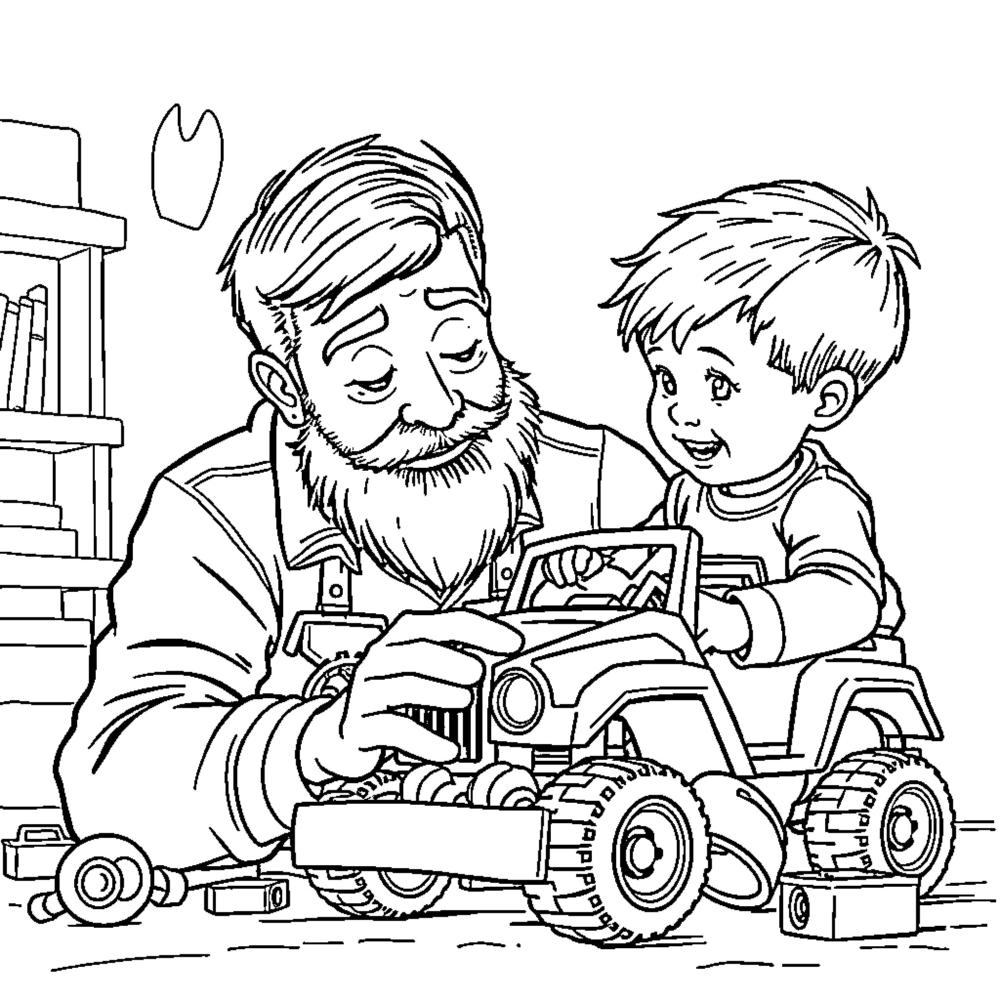 Boy and Bearded Man Playing with Toys Coloring Page (free black-and-white line drawing printable PDF for all, from beginners to advanced learners, including children, teens, adults, and seniors)