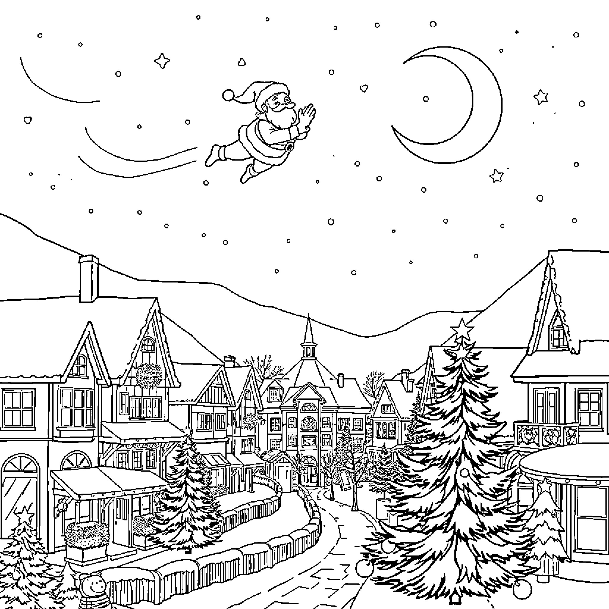 Santa flying in a starry night over a snowy town Coloring Page (free black-and-white line drawing printable PDF for all, from beginners to advanced learners, including children, teens, adults, and seniors)