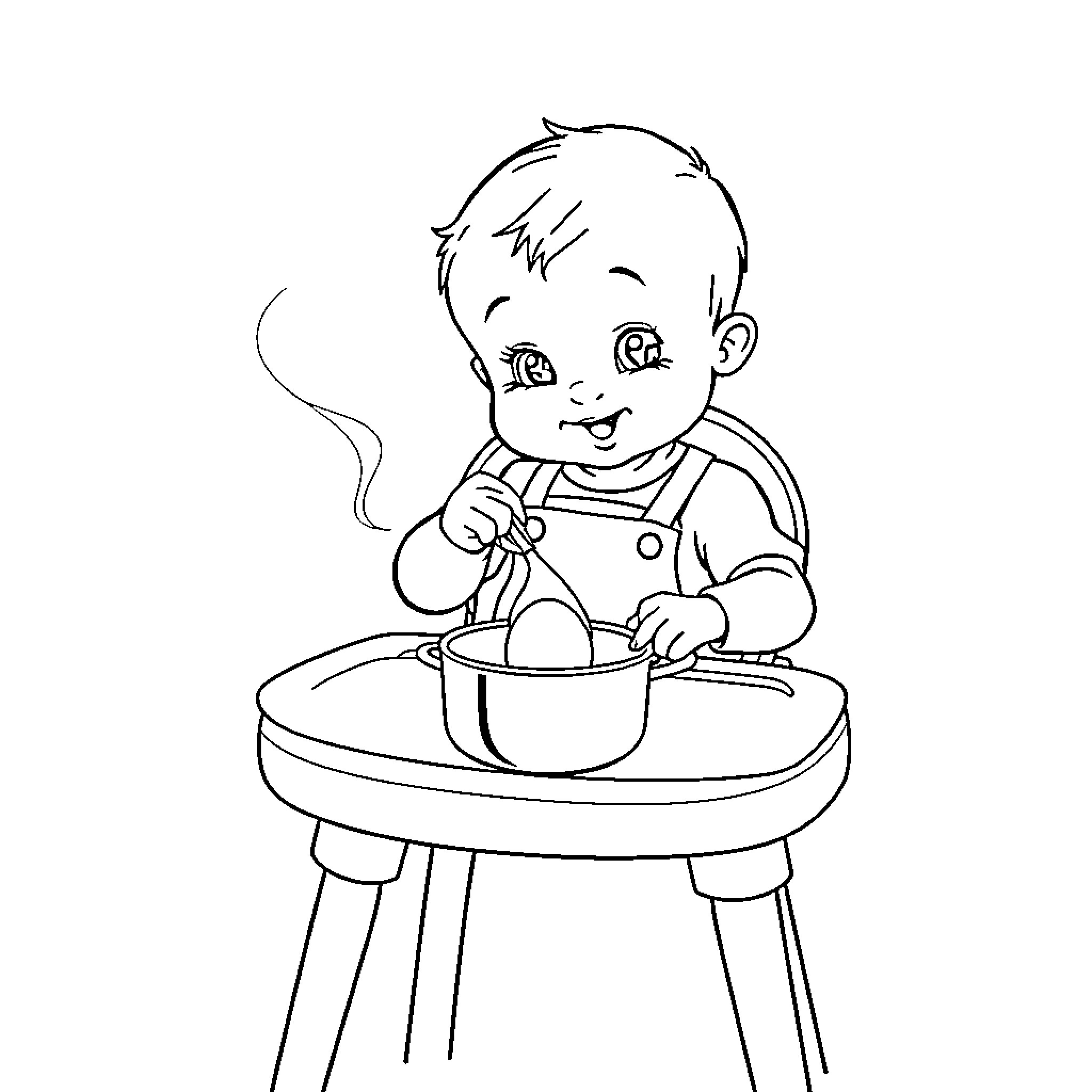 Baby cooking at table happily Coloring Page (free black-and-white line drawing printable PDF for all, from beginners to advanced learners, including children, teens, adults, and seniors)