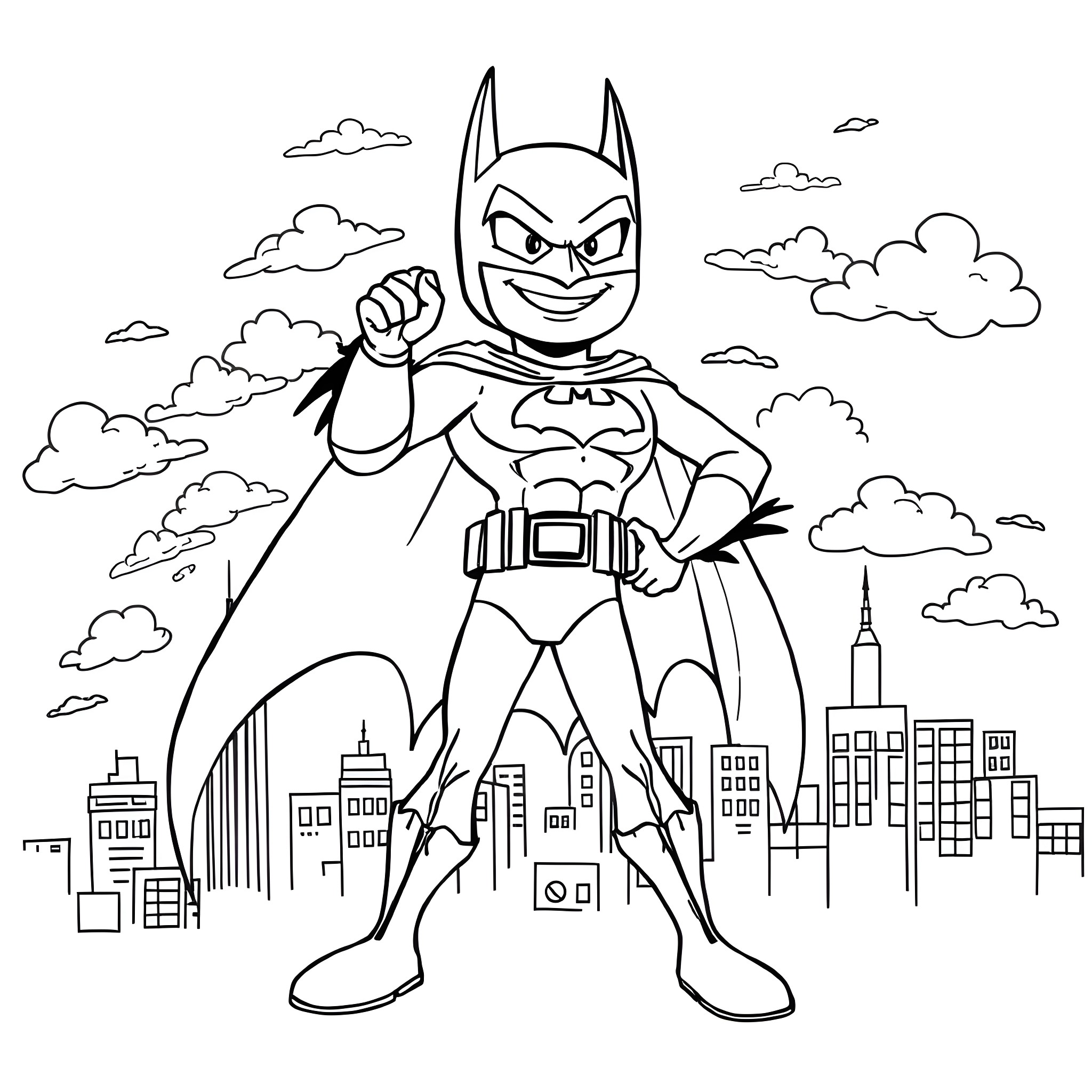 Batman taking action in the city Coloring Page (free black-and-white line drawing printable PDF for all, from beginners to advanced learners, including children, teens, adults, and seniors)