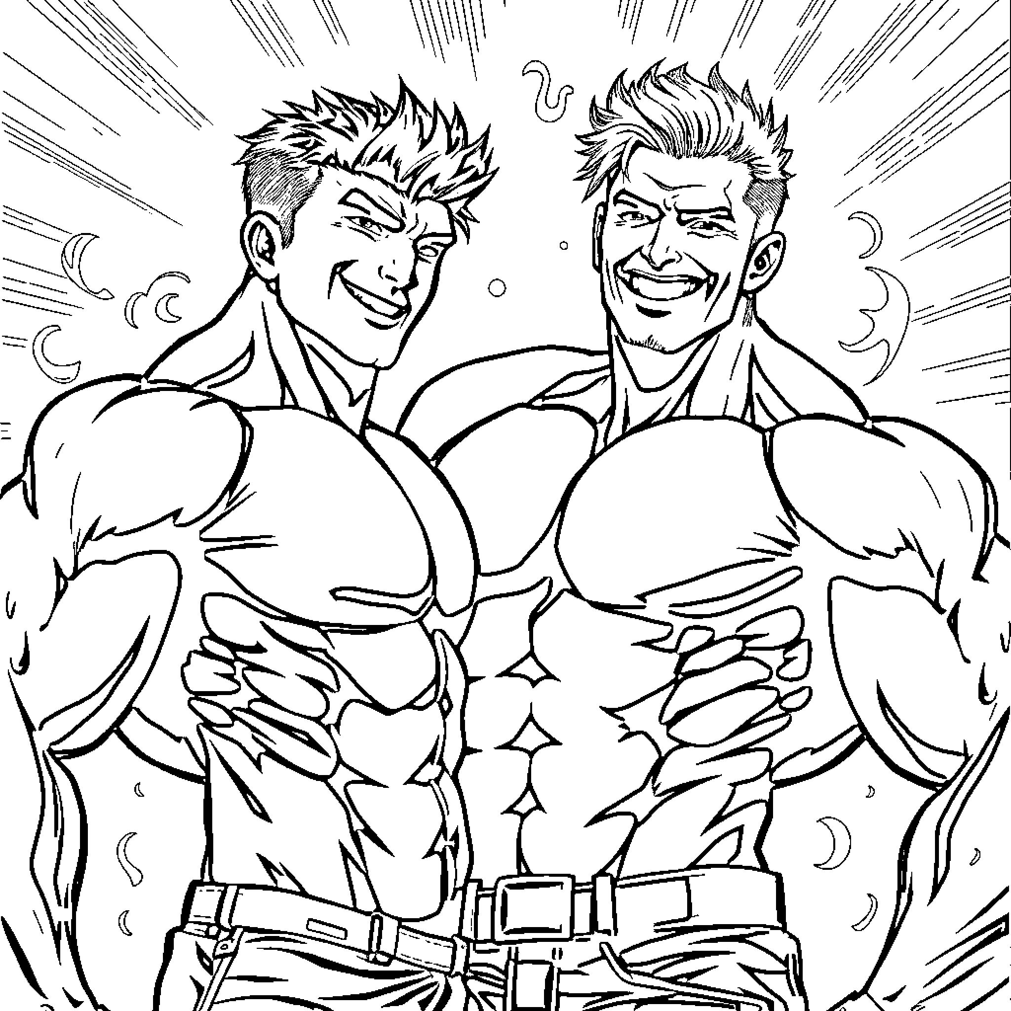 Man Displaying Muscular Physiques in Heroic Poses Coloring Page (free black-and-white line drawing printable PDF for all, from beginners to advanced learners, including children, teens, adults, and seniors)