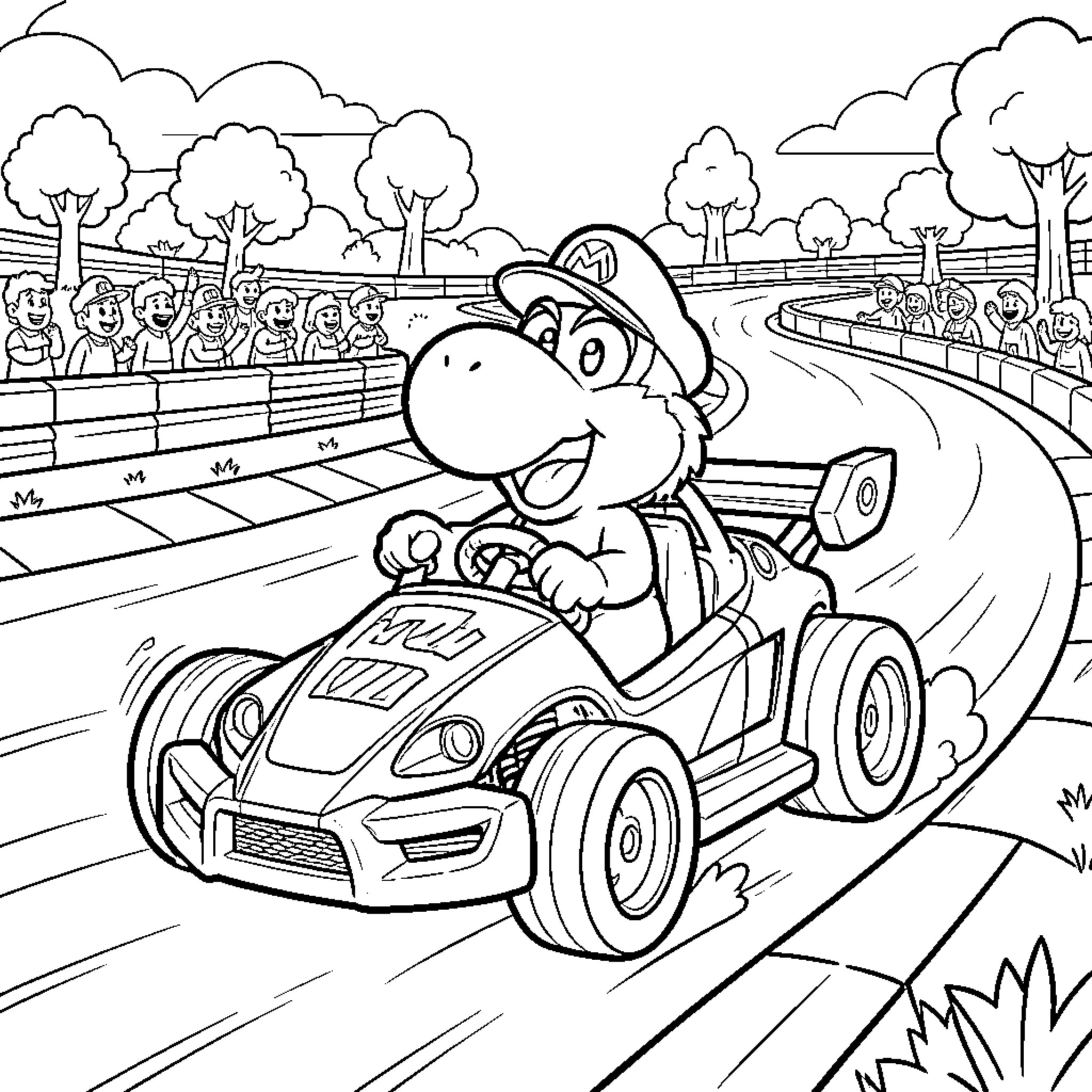 Yoshi's Thrilling Kart Race in the Countryside Coloring Page (free black-and-white line drawing printable PDF for all, from beginners to advanced learners, including children, teens, adults, and seniors)