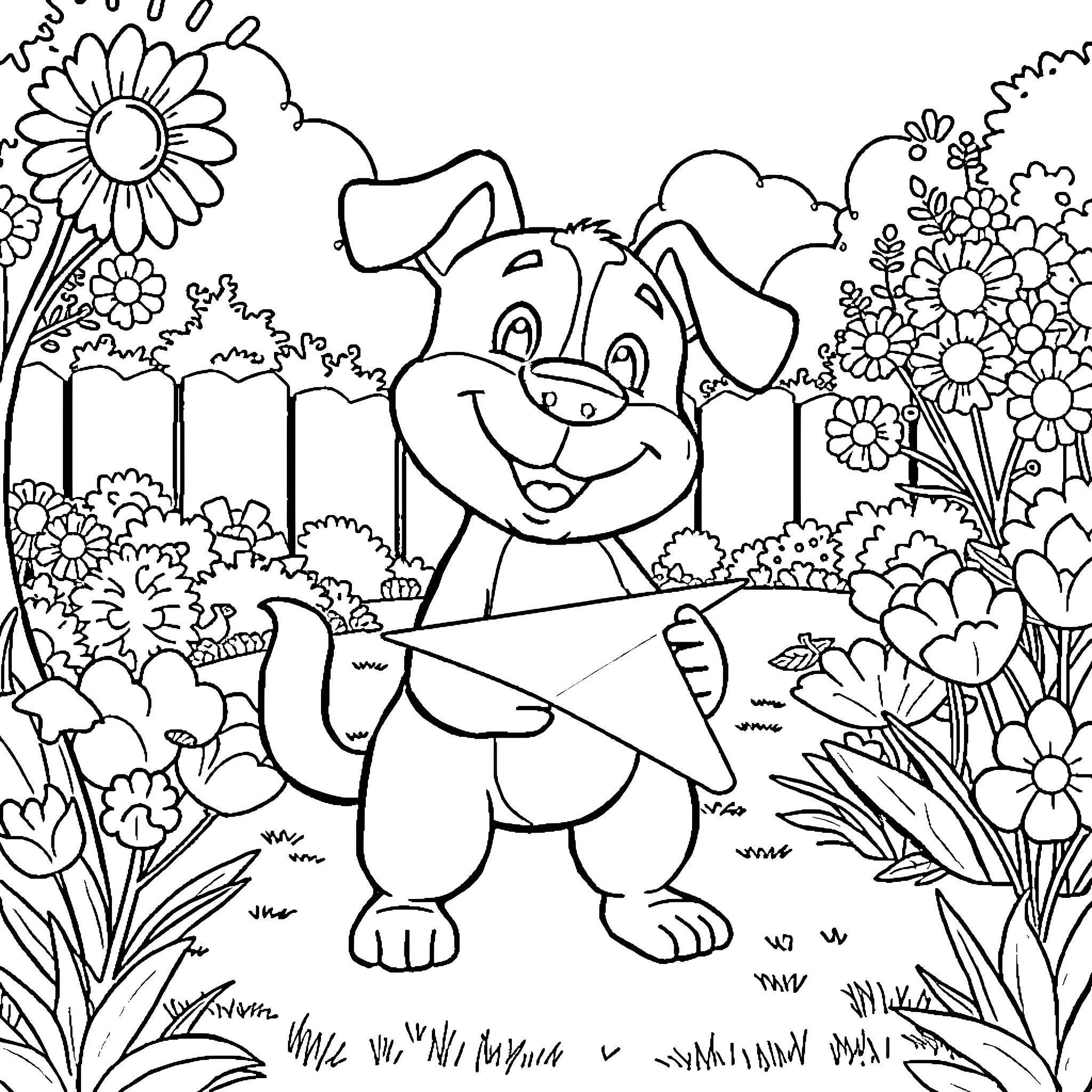 Bluey exploring a lush garden with flowers Coloring Page (free black-and-white line drawing printable PDF for all, from beginners to advanced learners, including children, teens, adults, and seniors)