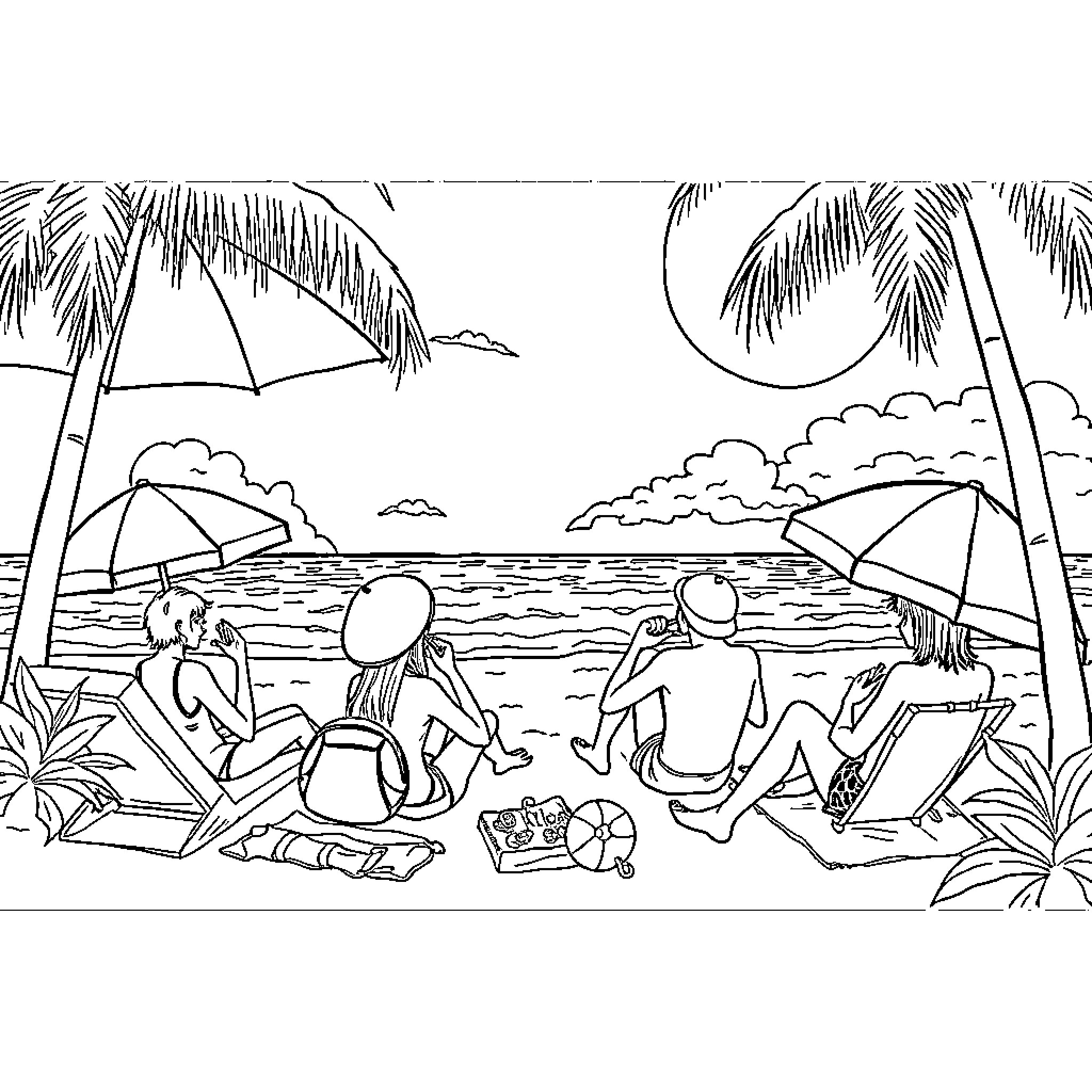 Demon Hunter enjoys beach vacation with friends Coloring Page (free black-and-white line drawing printable PDF for all, from beginners to advanced learners, including children, teens, adults, and seniors)