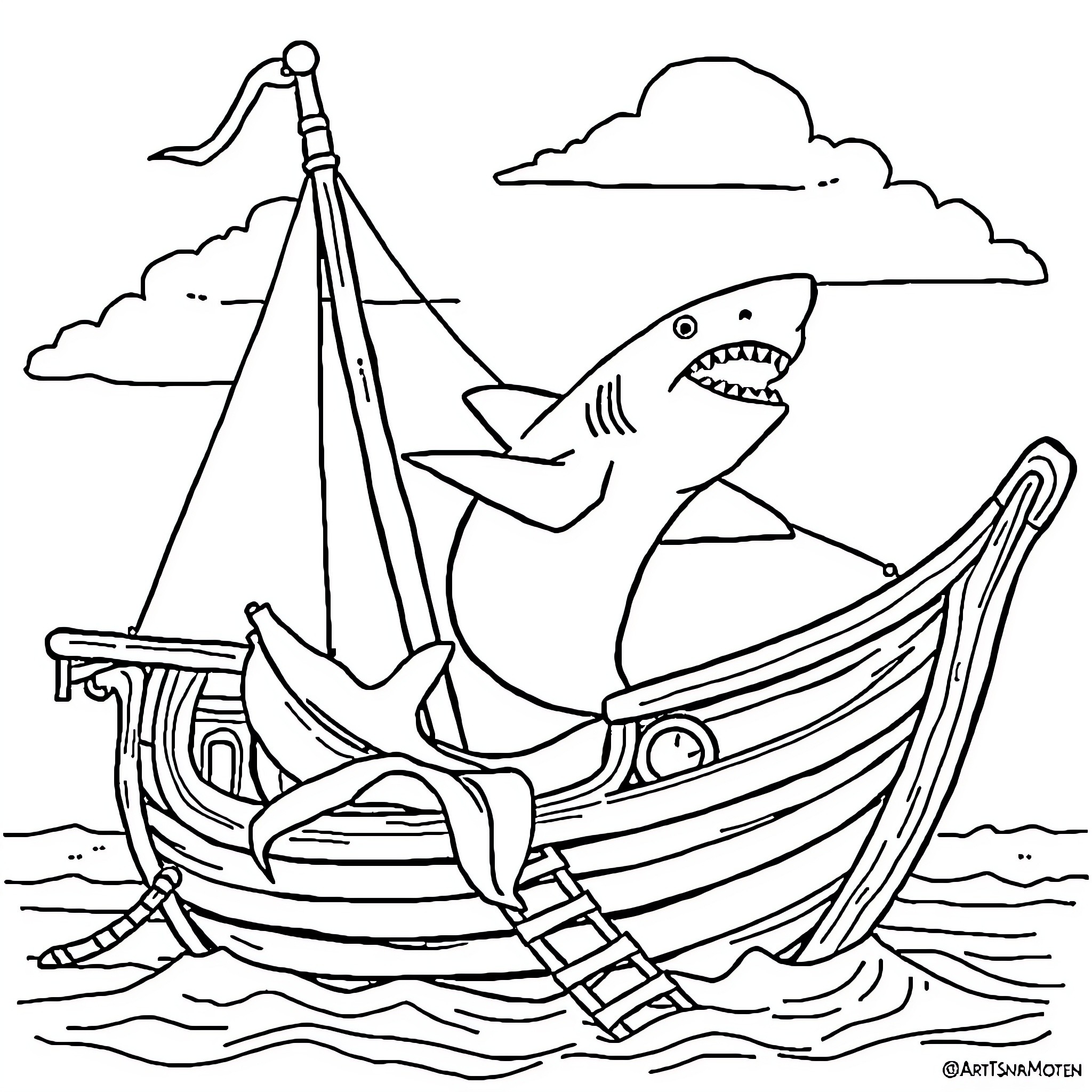 Shark sailing a ship on the open sea Coloring Page (free black-and-white line drawing printable PDF for all, from beginners to advanced learners, including children, teens, adults, and seniors)