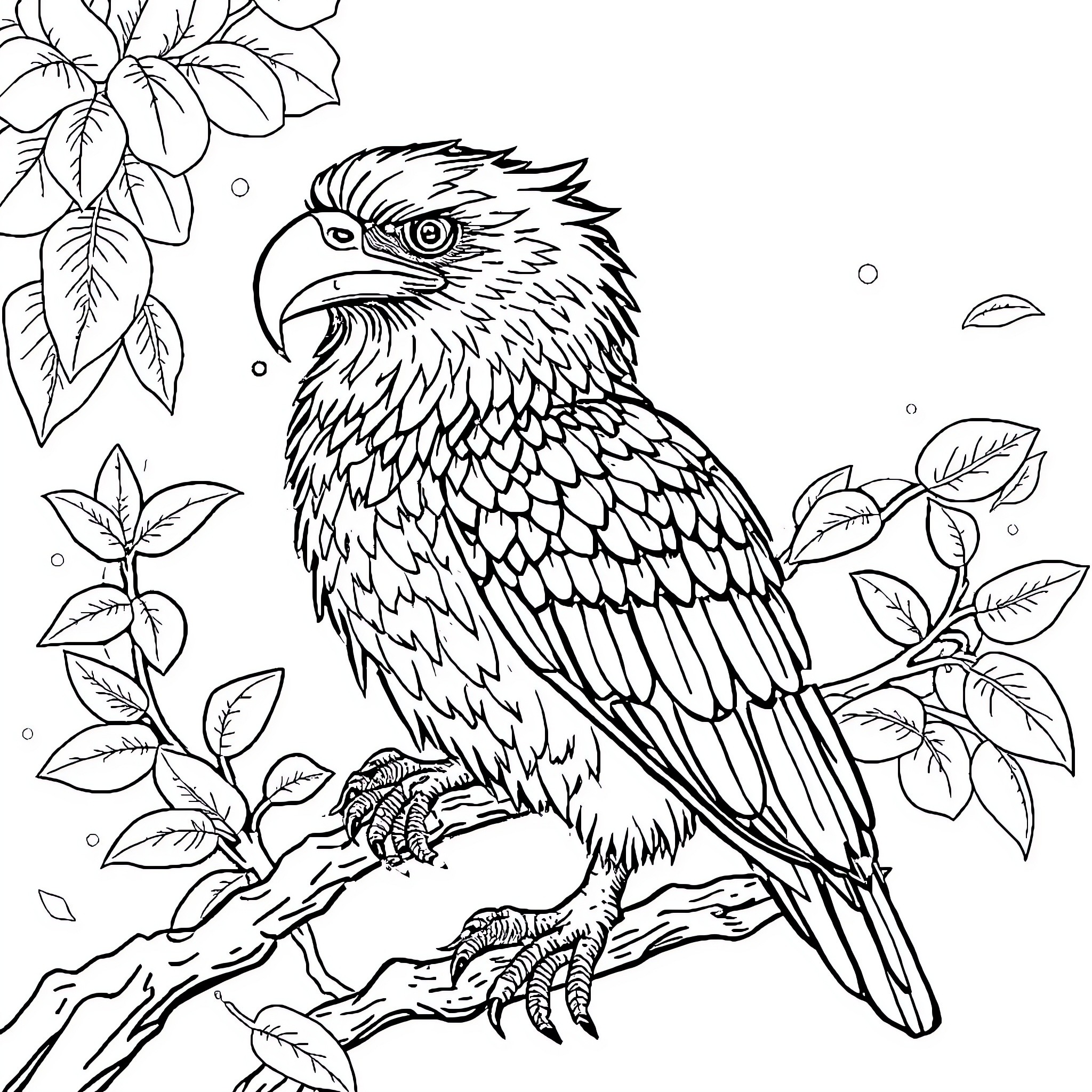 Garuda bird perched in a lush, leafy environment Coloring Page (free black-and-white line drawing printable PDF for all, from beginners to advanced learners, including children, teens, adults, and seniors)