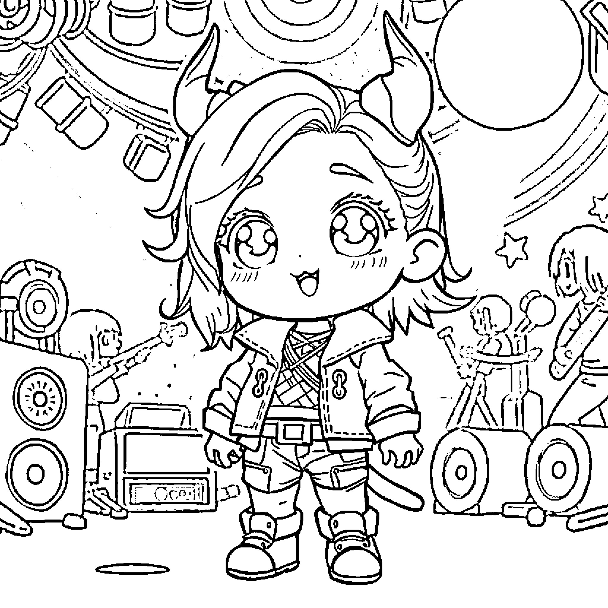 Saja's Vibrant Musical Adventure Coloring Page (free black-and-white line drawing printable PDF for all, from beginners to advanced learners, including children, teens, adults, and seniors)