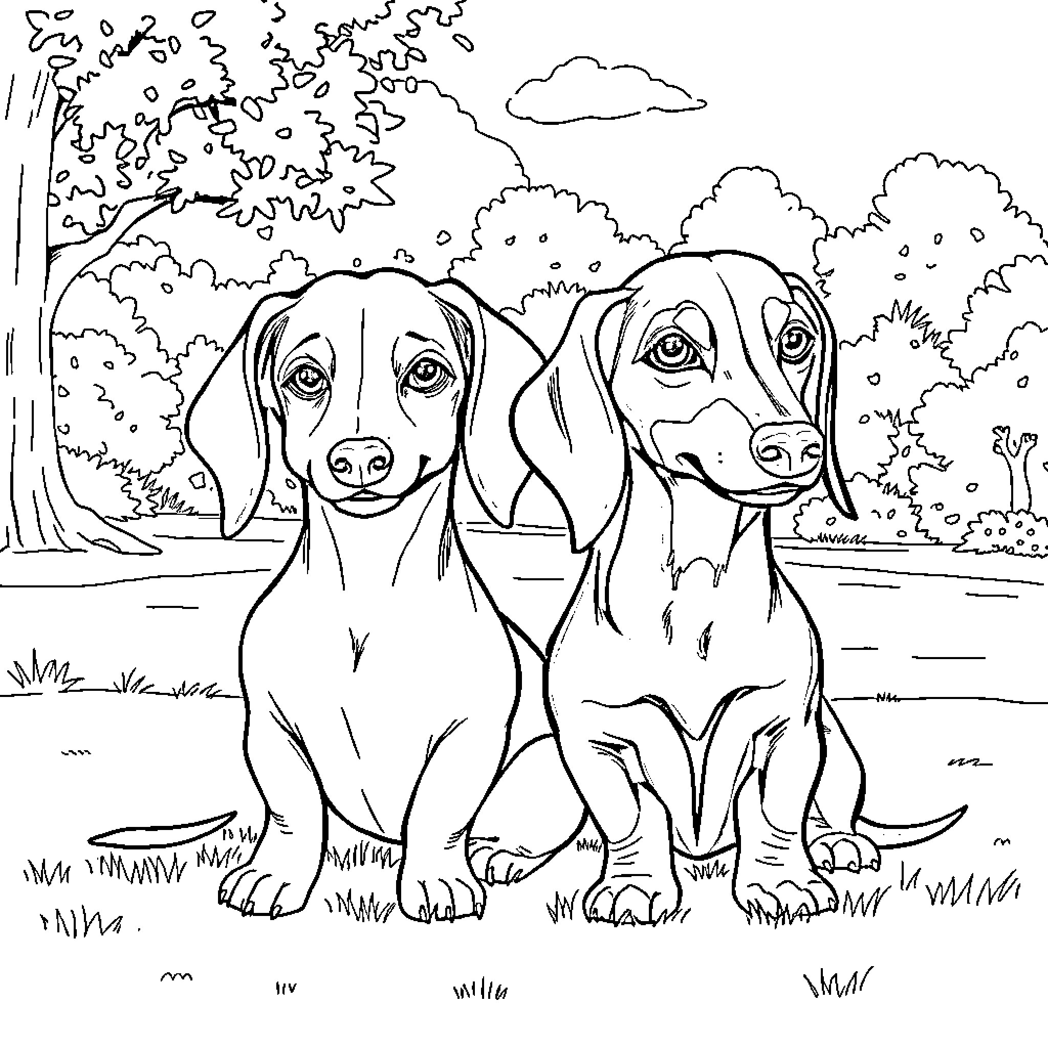 Dachshund dogs in a park scene Coloring Page (free black-and-white line drawing printable PDF for all, from beginners to advanced learners, including children, teens, adults, and seniors)