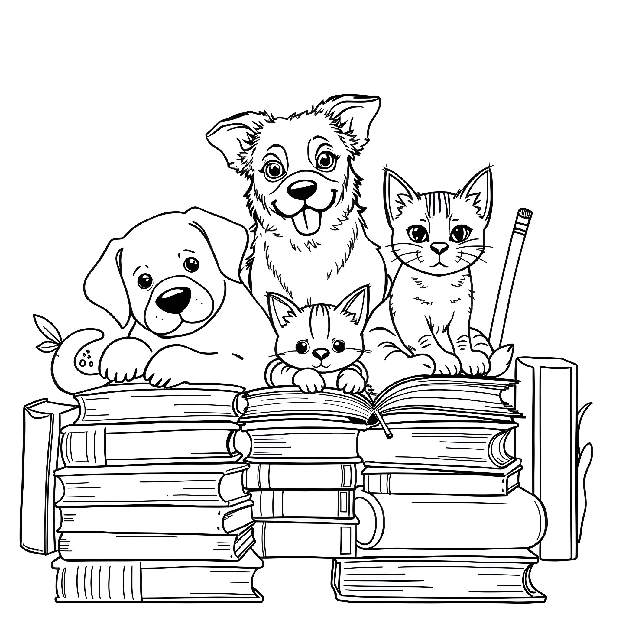 Dog, cat, and puppy reading books together Coloring Page (free black-and-white line drawing printable PDF for all, from beginners to advanced learners, including children, teens, adults, and seniors)