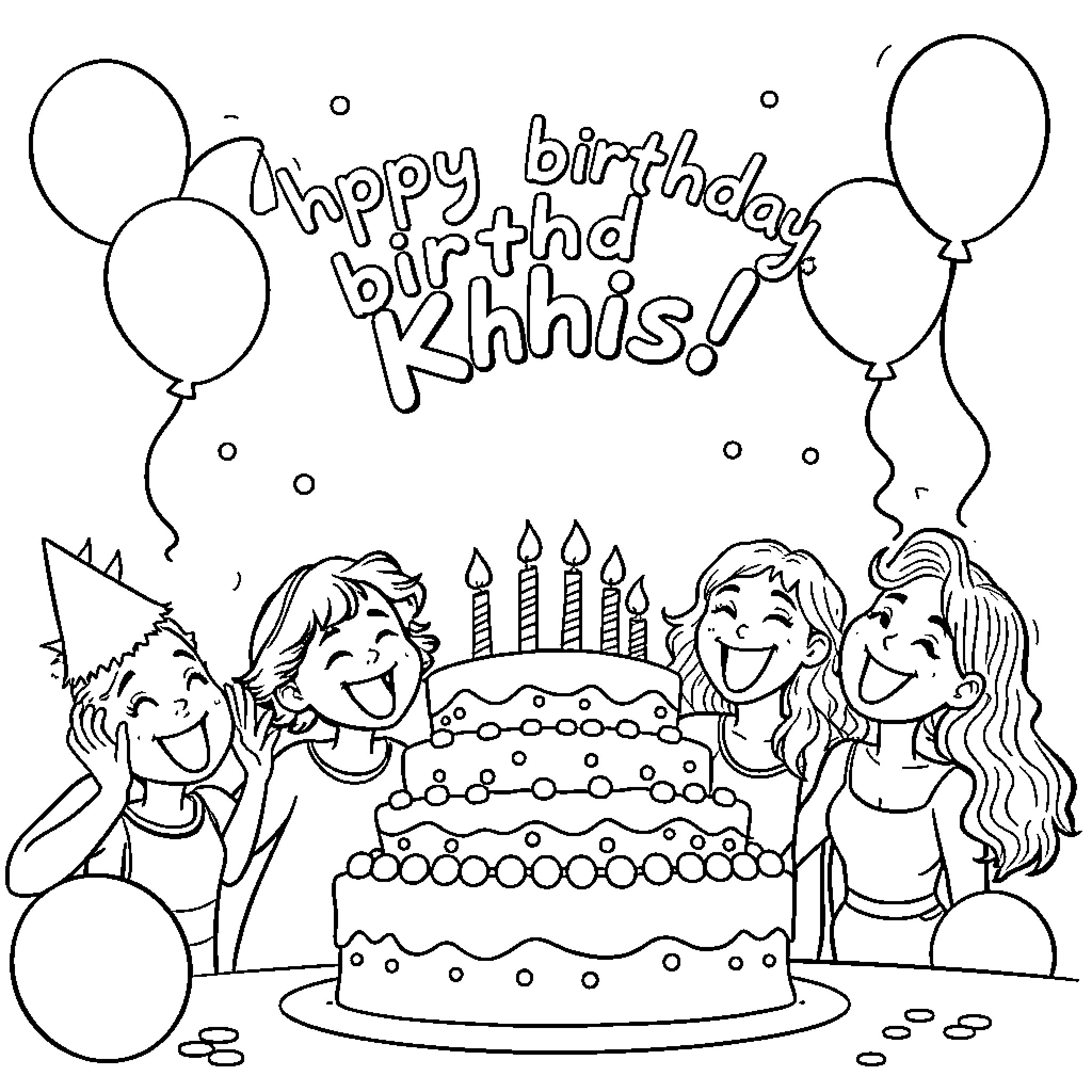 Birthday celebration with friends and cake Coloring Page (free black-and-white line drawing printable PDF for all, from beginners to advanced learners, including children, teens, adults, and seniors)