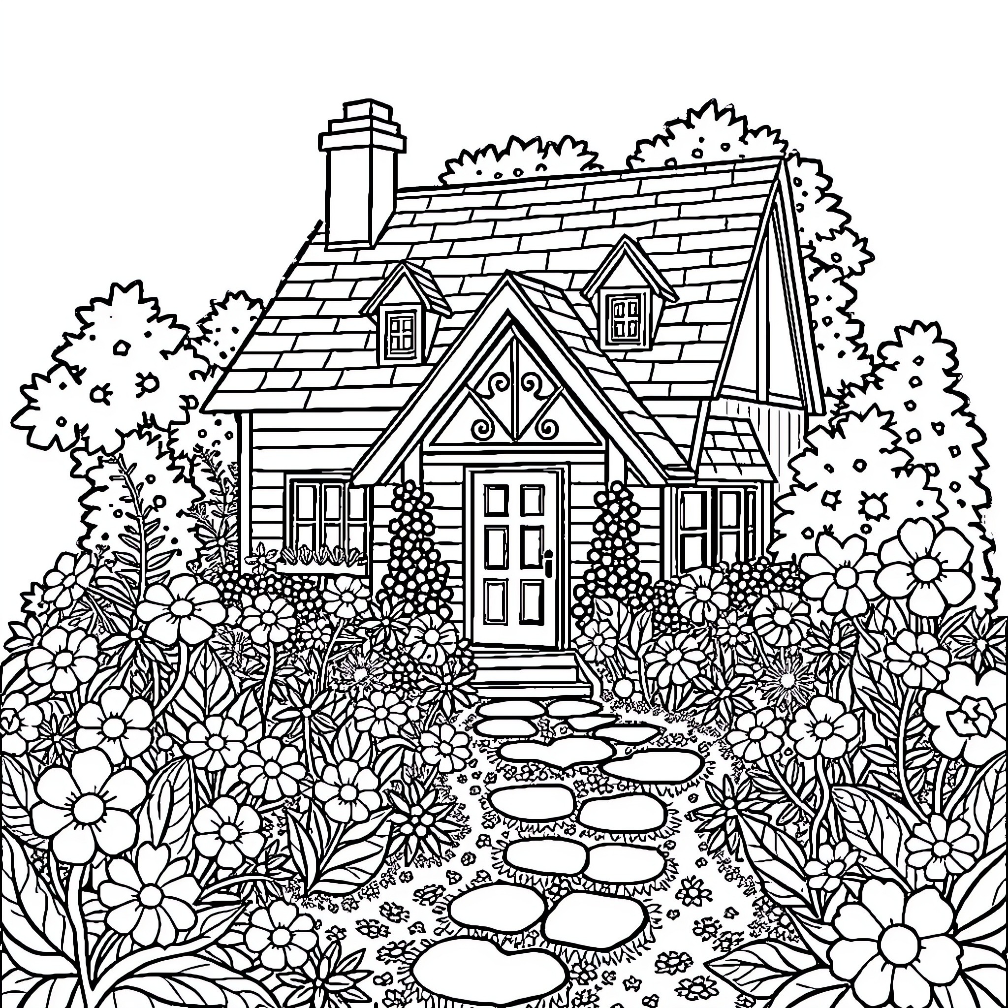 Home in a Lush Floral Garden Coloring Page (free black-and-white line drawing printable PDF for all, from beginners to advanced learners, including children, teens, adults, and seniors)