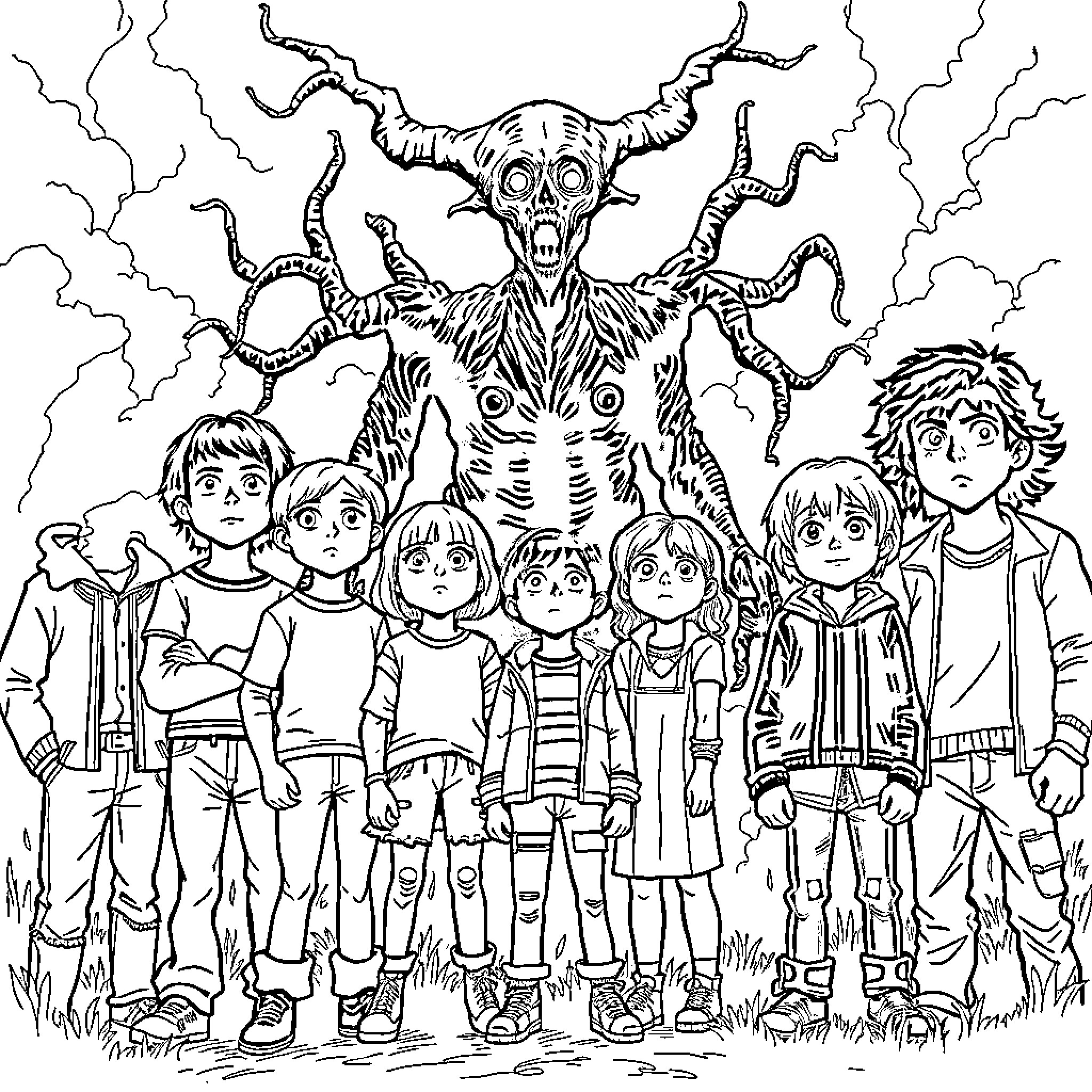 Stranger Things: Fearsome Creature Looming Over Group Coloring Page (free black-and-white line drawing printable PDF for all, from beginners to advanced learners, including children, teens, adults, and seniors)