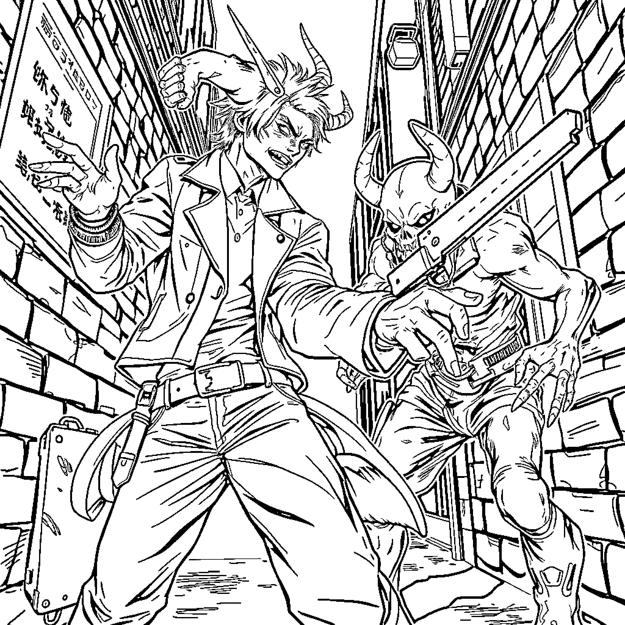 Demon Hunter battling a demonic entity in an alleyway Coloring Page (free black-and-white line drawing printable PDF for all, from beginners to advanced learners, including children, teens, adults, and seniors)