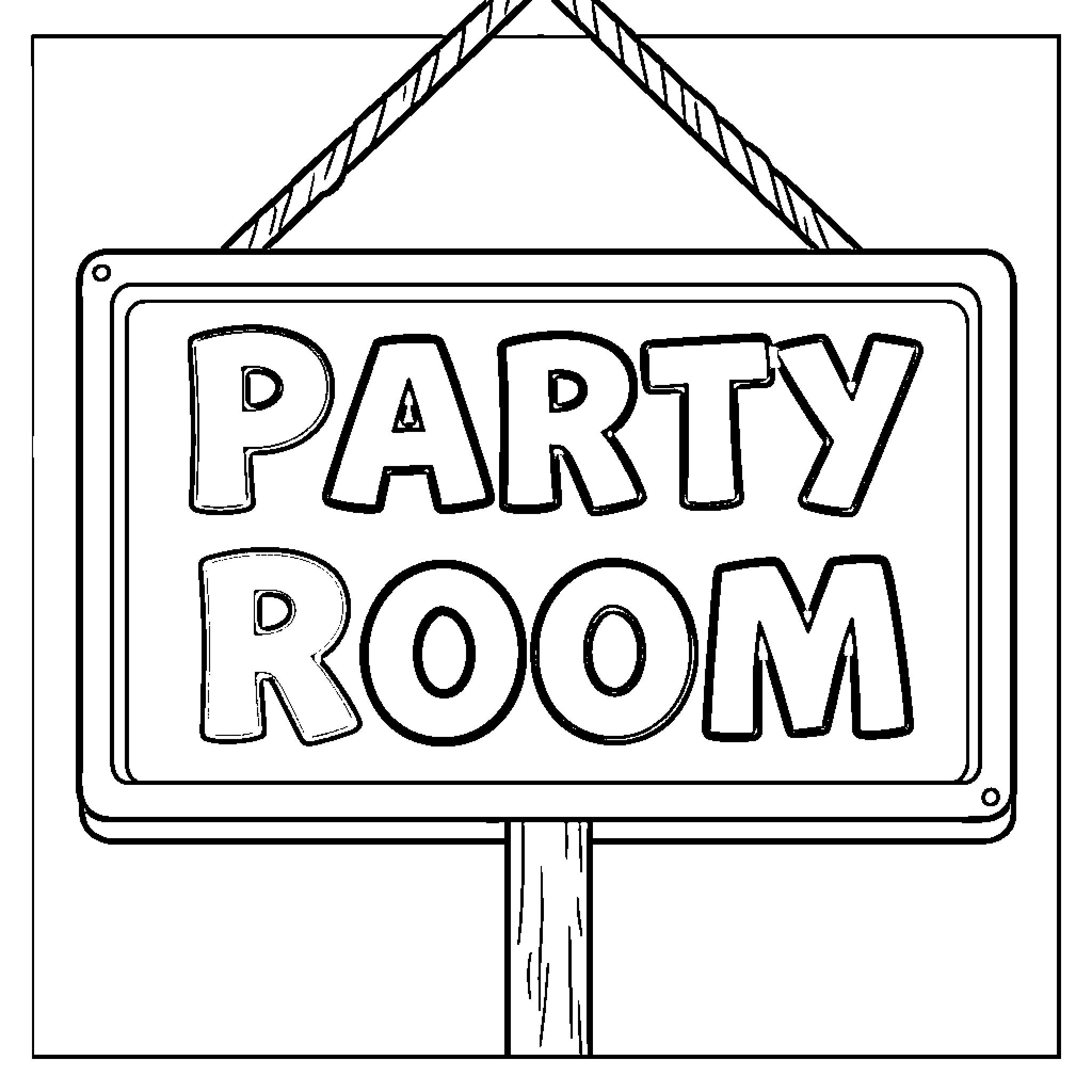Sign hanging from a rope reading Party Room Coloring Page (free black-and-white line drawing printable PDF for all, from beginners to advanced learners, including children, teens, adults, and seniors)