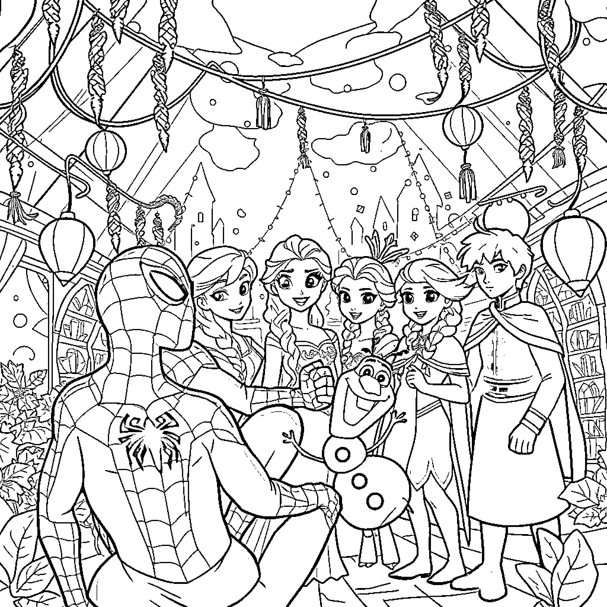 Spider-themed party with Marvel and Disney characters Coloring Page (free black-and-white line drawing printable PDF for all, from beginners to advanced learners, including children, teens, adults, and seniors)