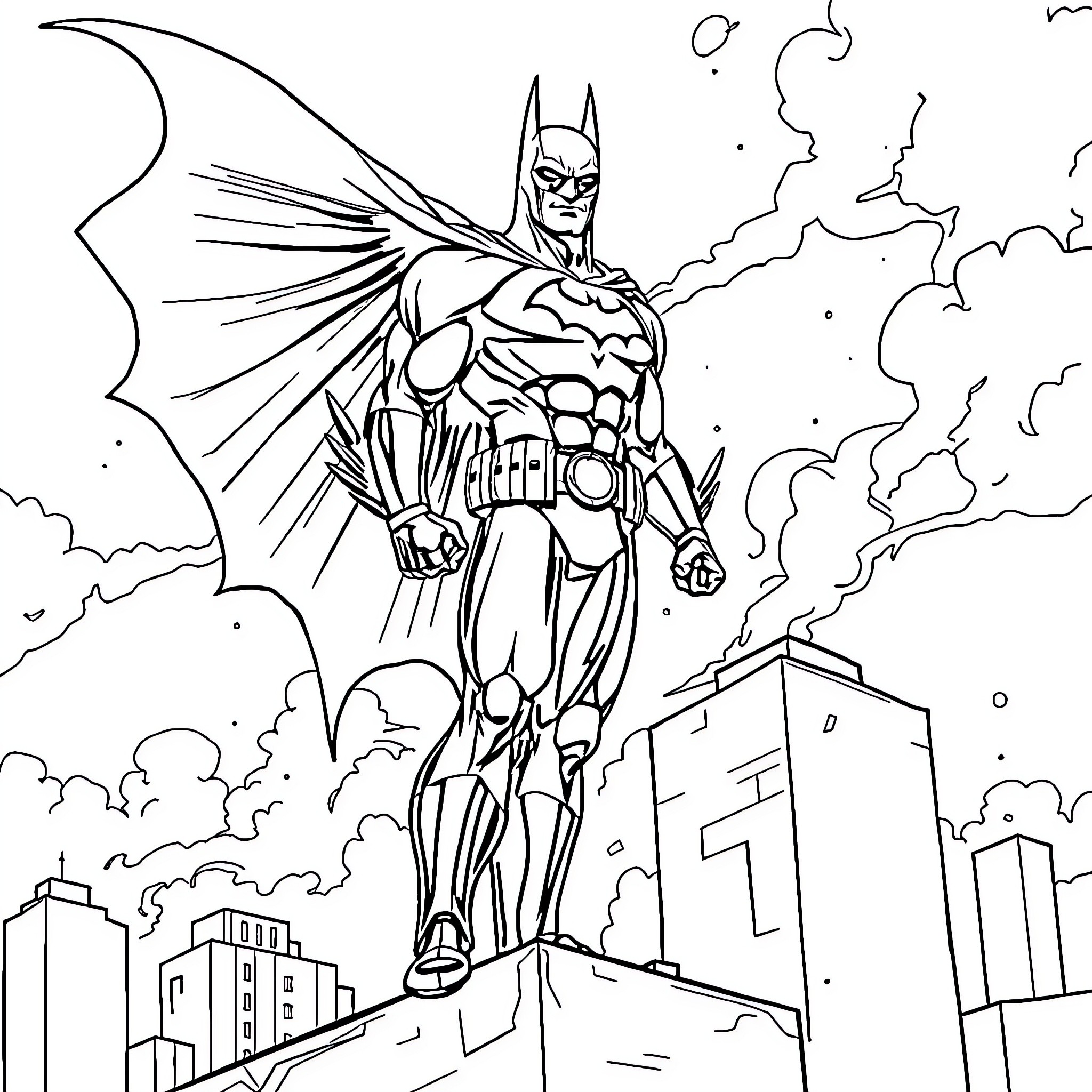 Batman heroically surveying the city Coloring Page (free black-and-white line drawing printable PDF for all, from beginners to advanced learners, including children, teens, adults, and seniors)